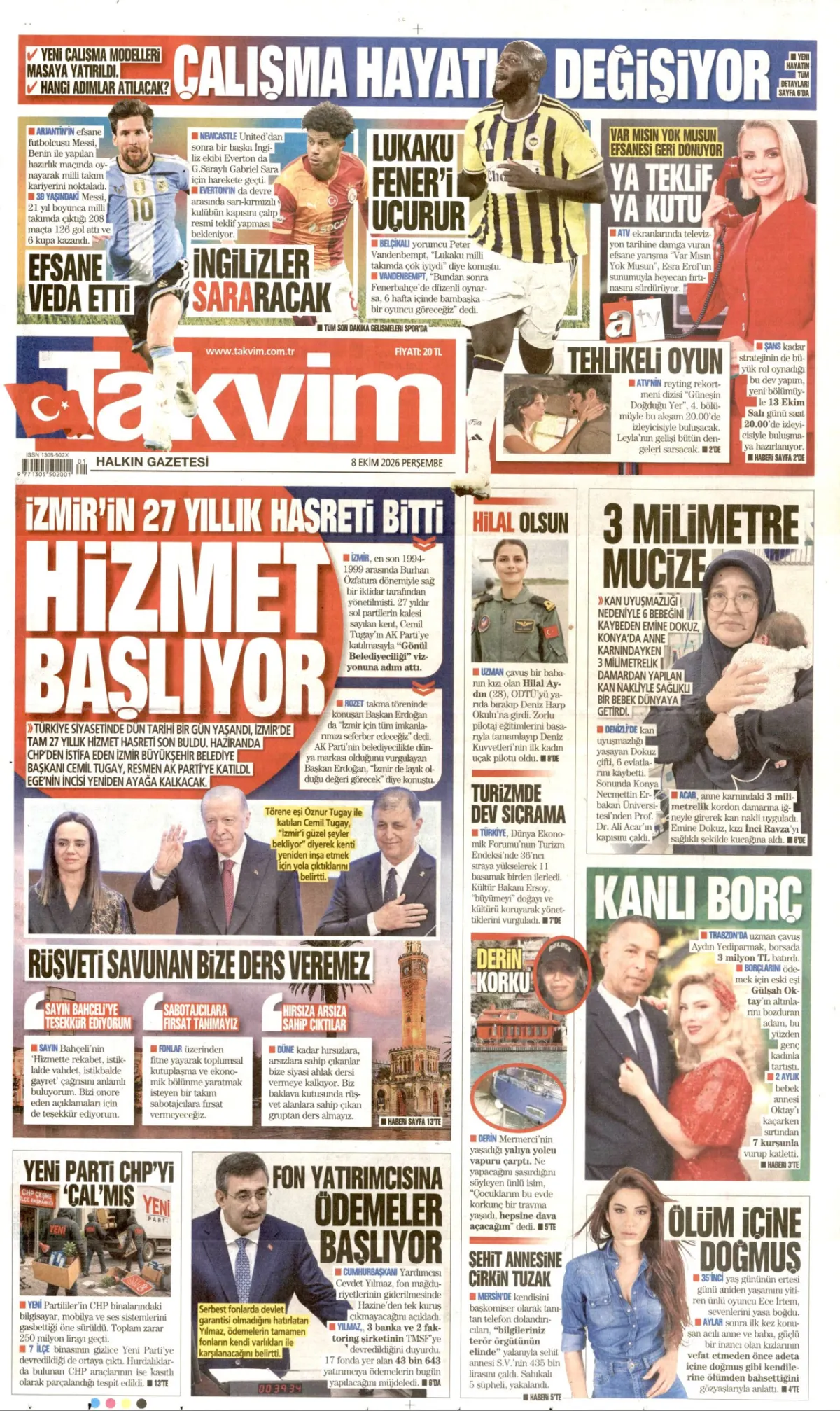 Takvim birinci sayfa manşeti (09 Ekim 2026)