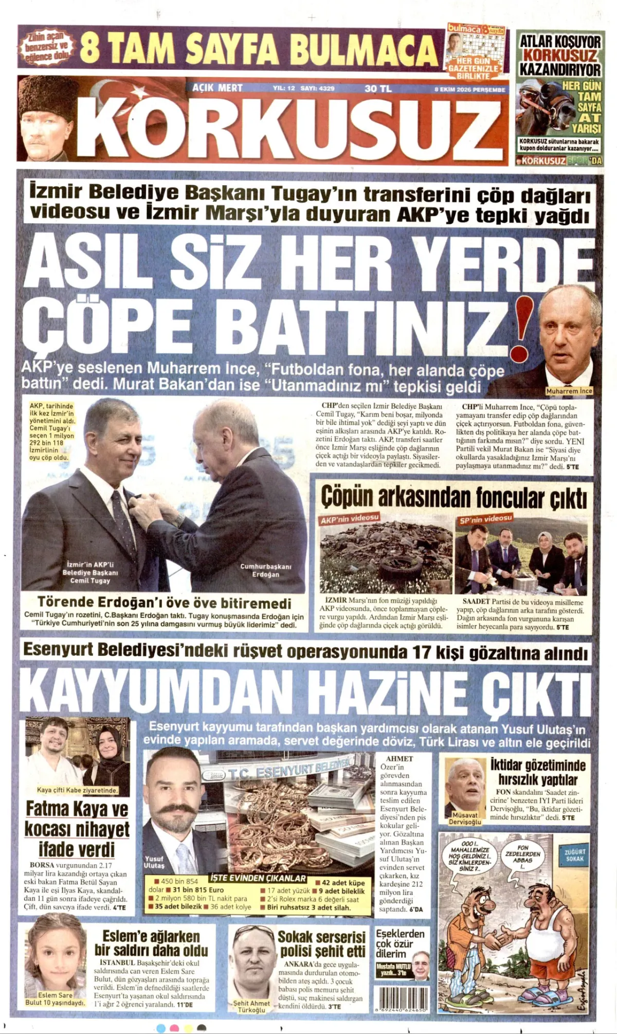 Korkusuz birinci sayfa manşeti (09 Ekim 2026)