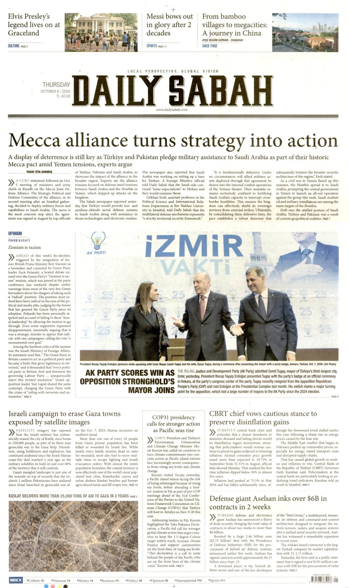 Daily Sabah birinci sayfa manşeti (09 Ekim 2026)