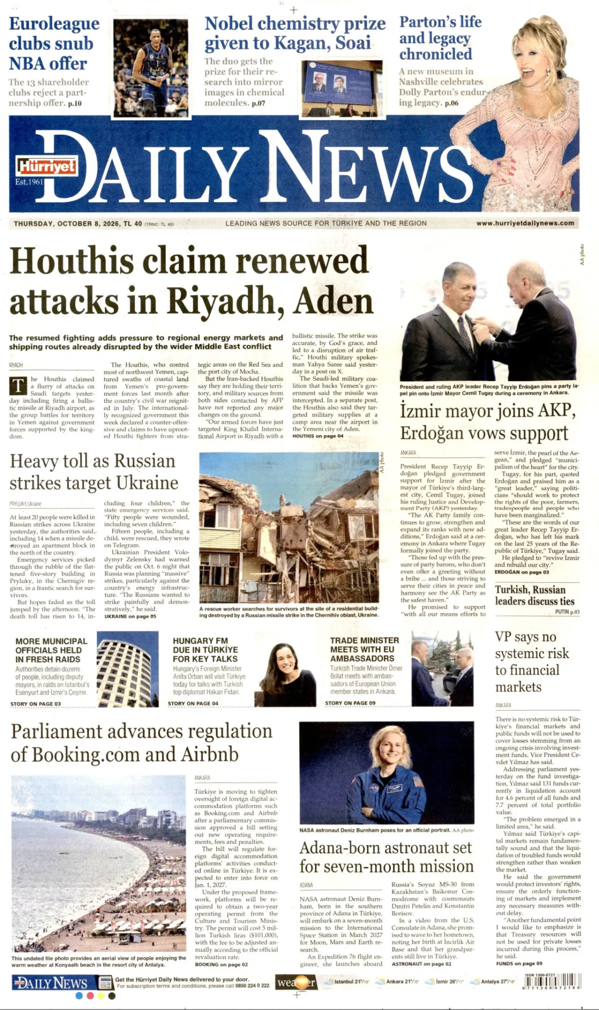 Hürriyet Daily News birinci sayfa manşeti (09 Ekim 2026)