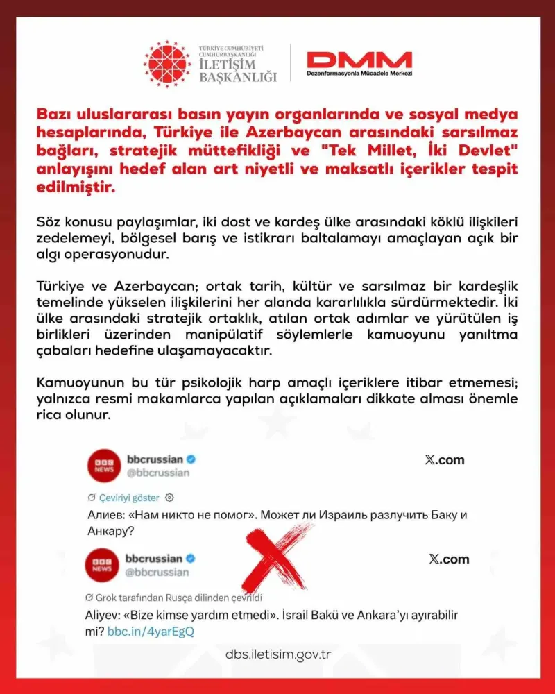Dezenformasyonla Mücadele Merkezi'nden Türkiye Ve Azerbaycan Açıklaması