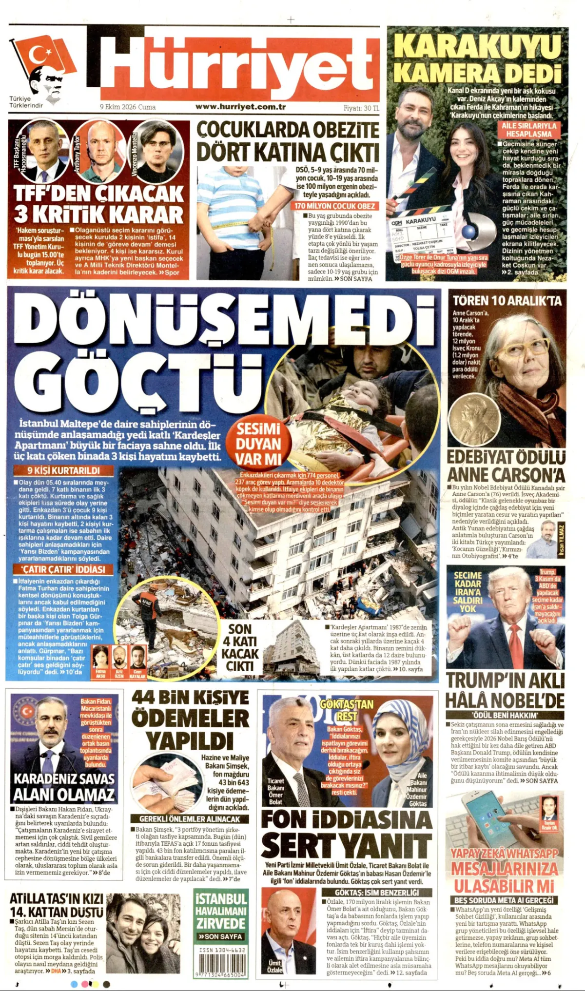 Hürriyet birinci sayfa manşeti (10 Ekim 2026)
