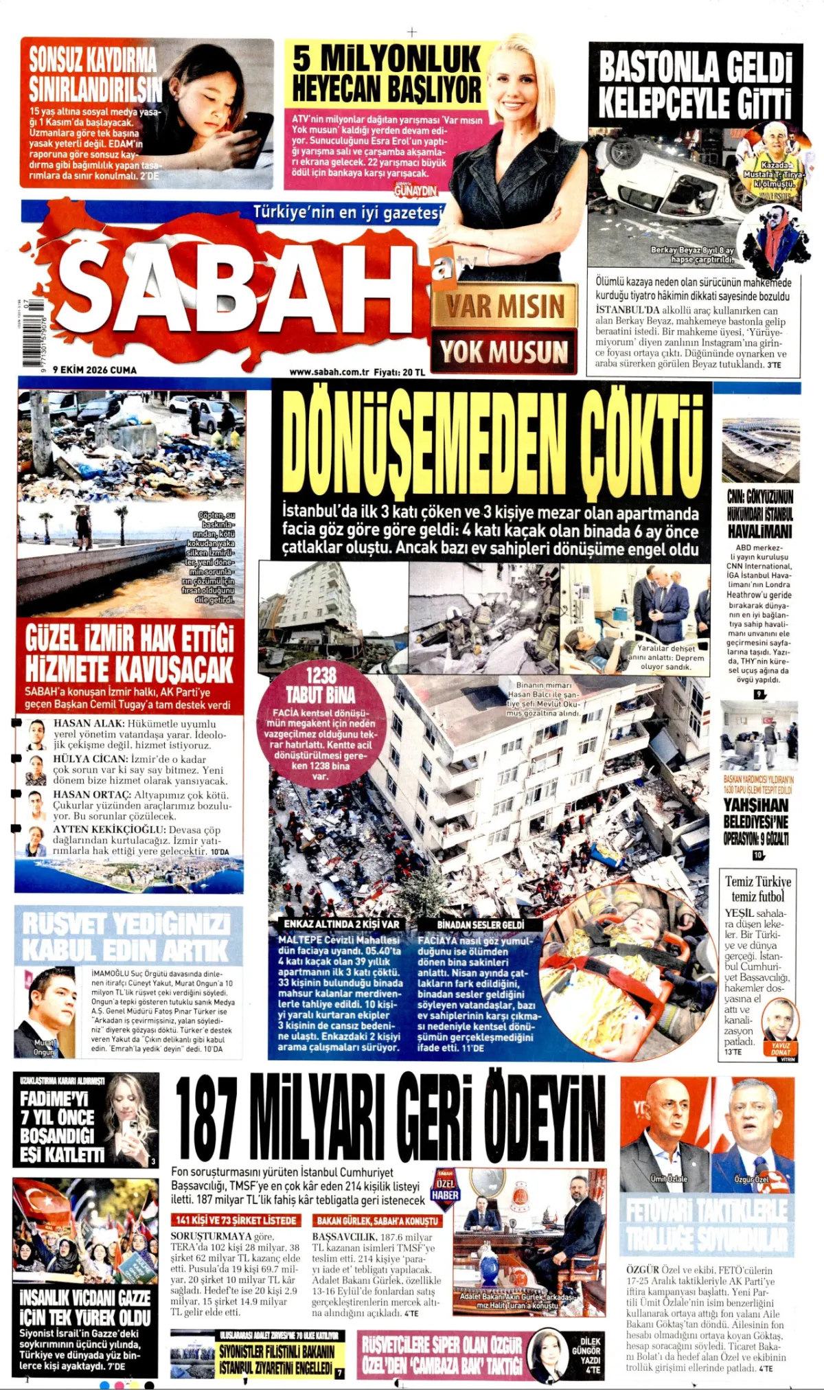 Sabah birinci sayfa manşeti (10 Ekim 2026)