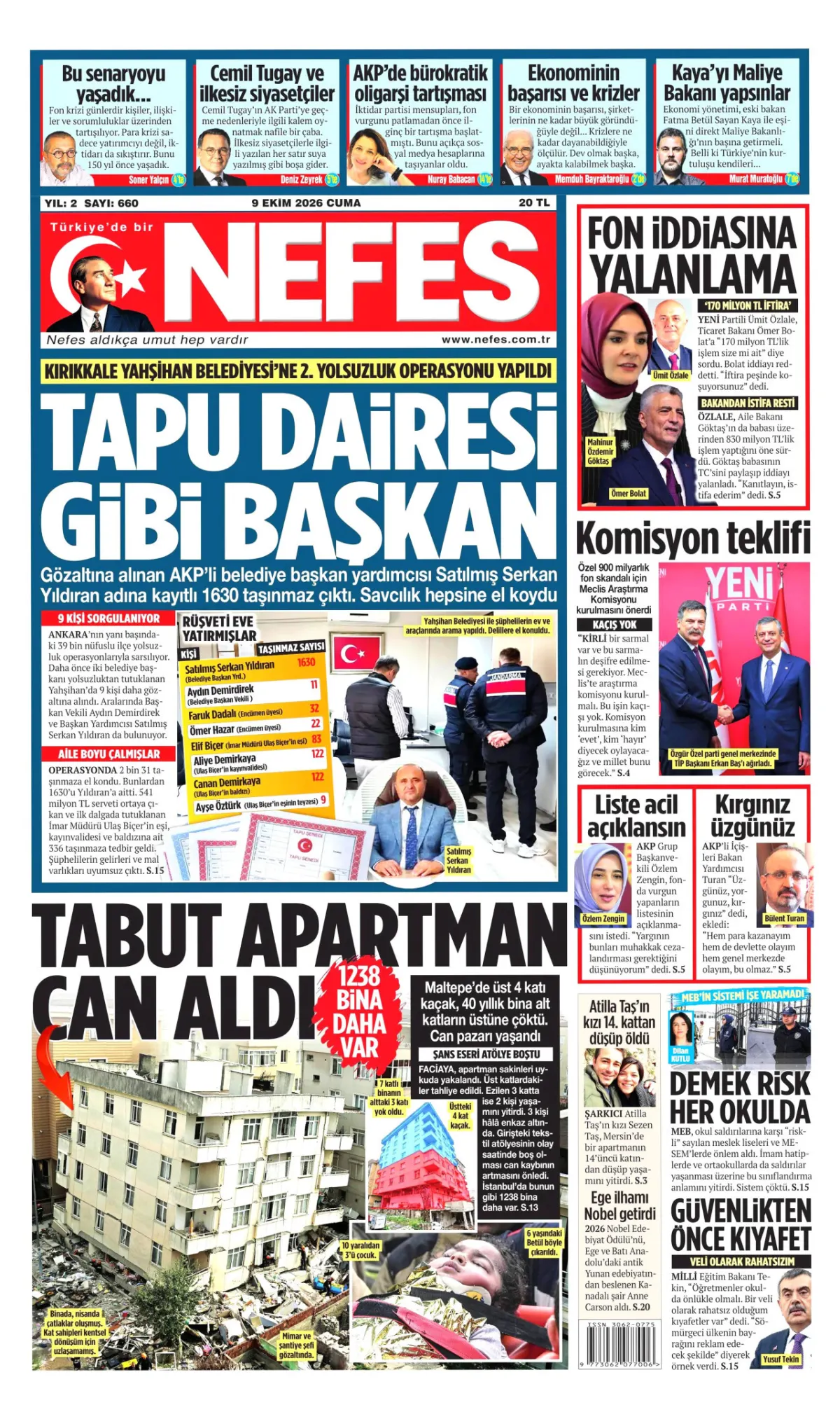 Nefes birinci sayfa manşeti (10 Ekim 2026)