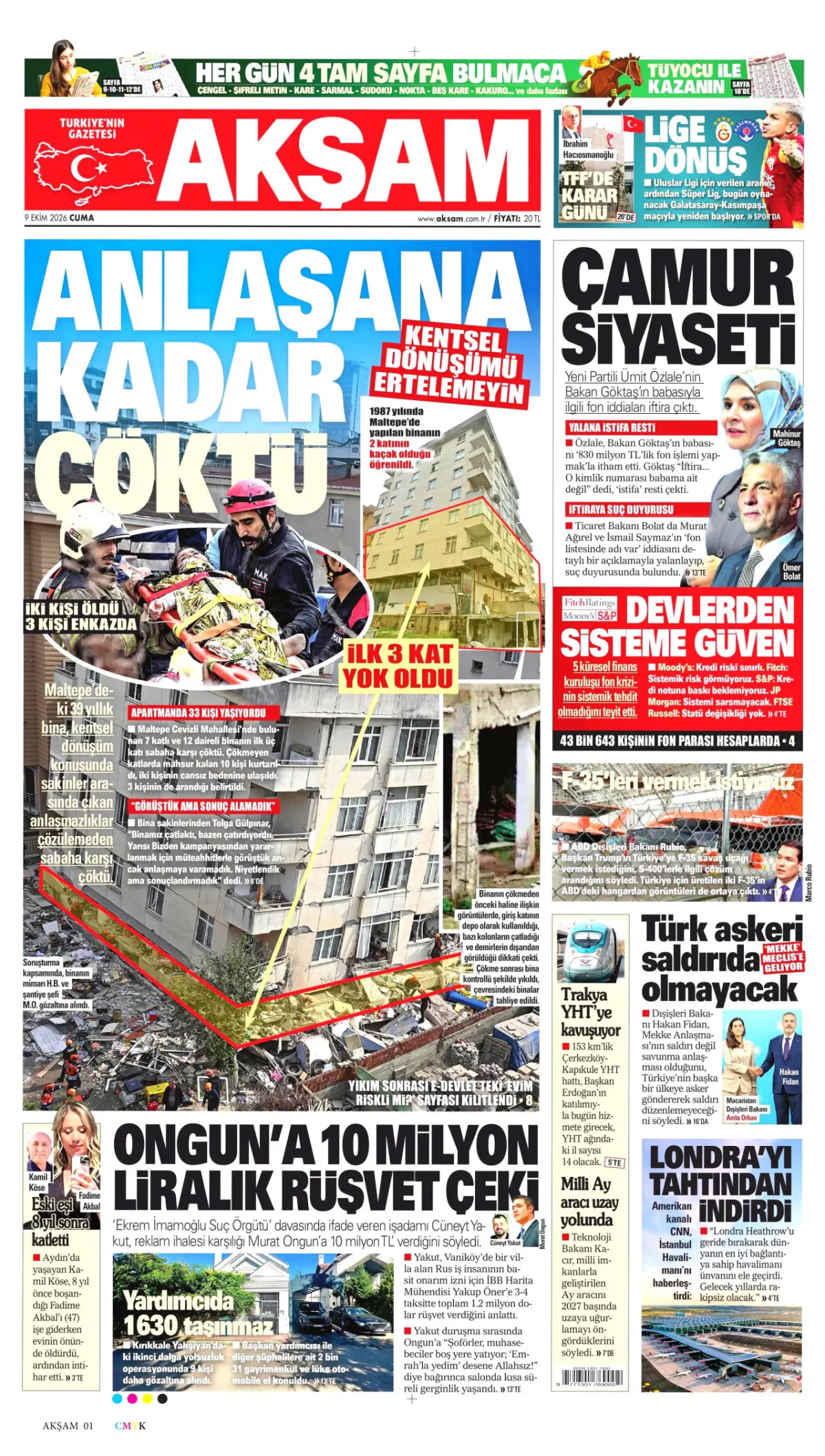 Akşam birinci sayfa manşeti (10 Ekim 2026)