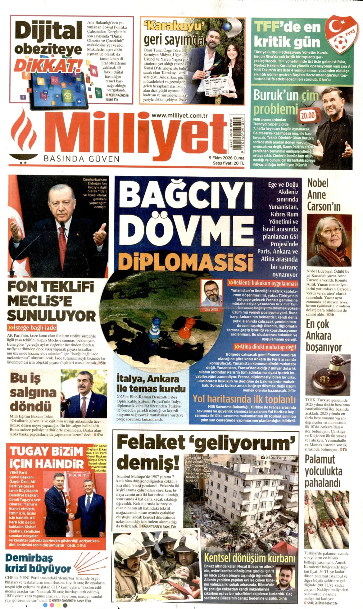 Milliyet birinci sayfa manşeti (10 Ekim 2026)
