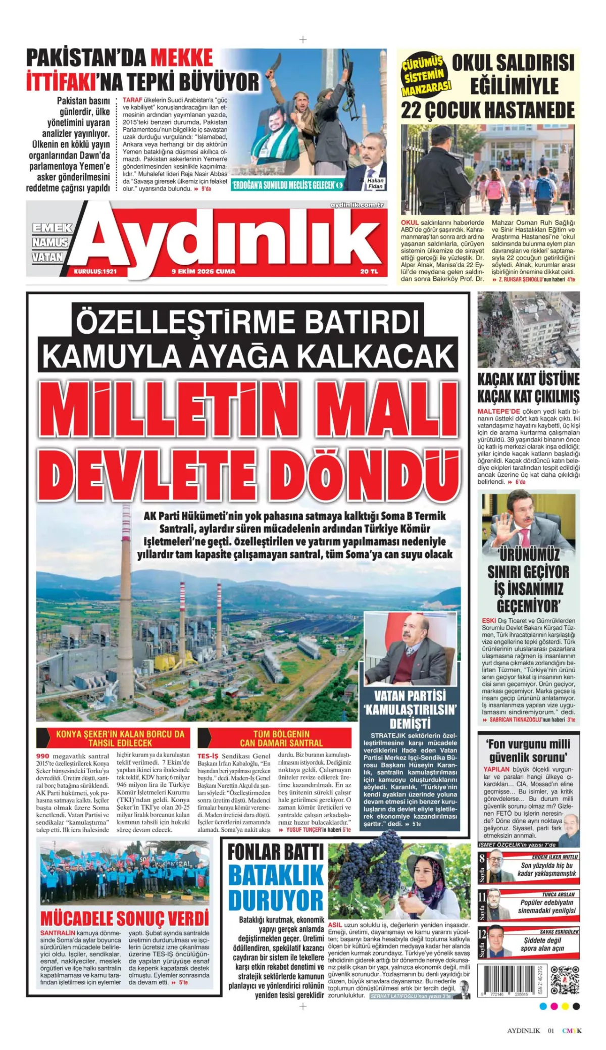 Aydınlık birinci sayfa manşeti (10 Ekim 2026)
