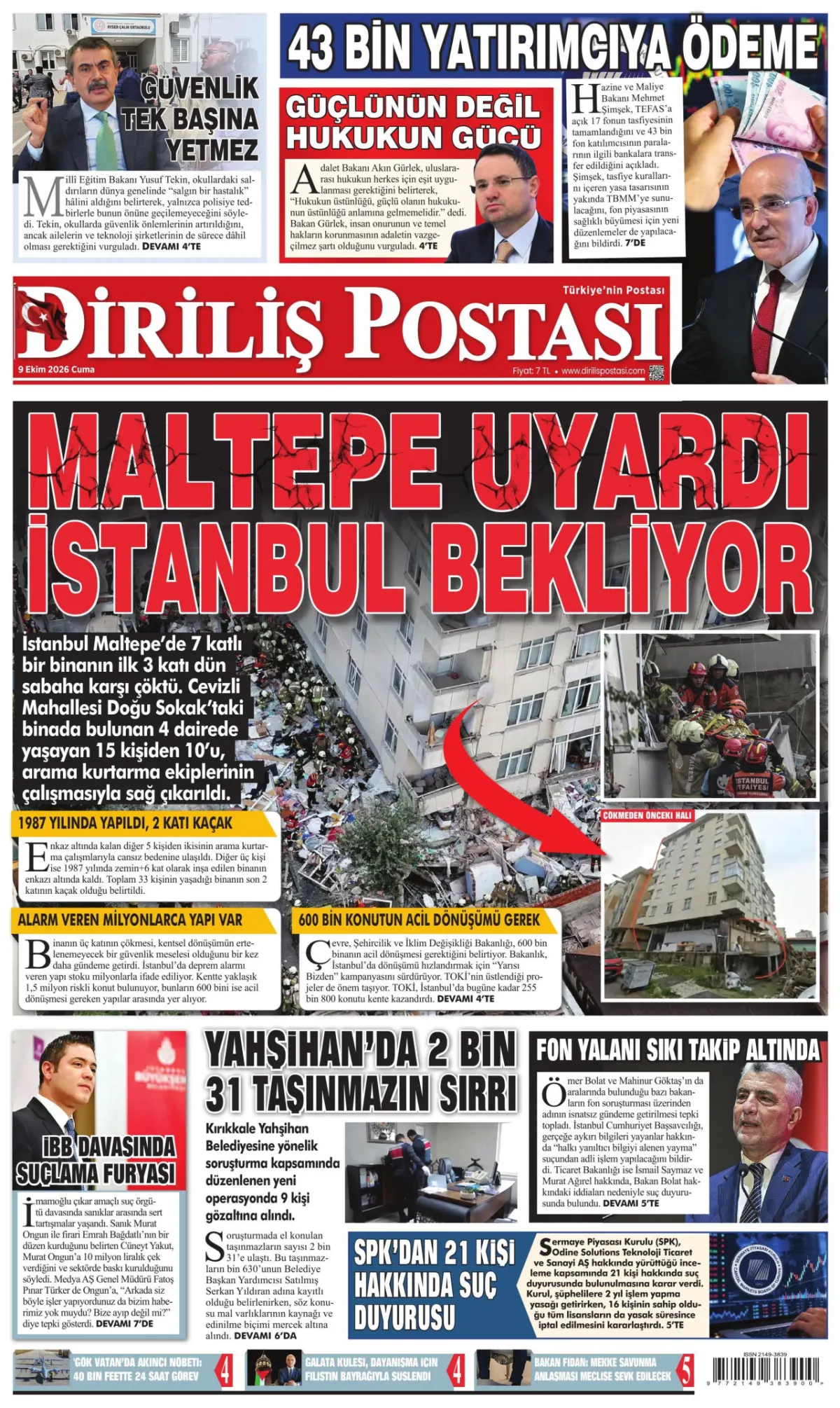 Diriliş Postası birinci sayfa manşeti (10 Ekim 2026)