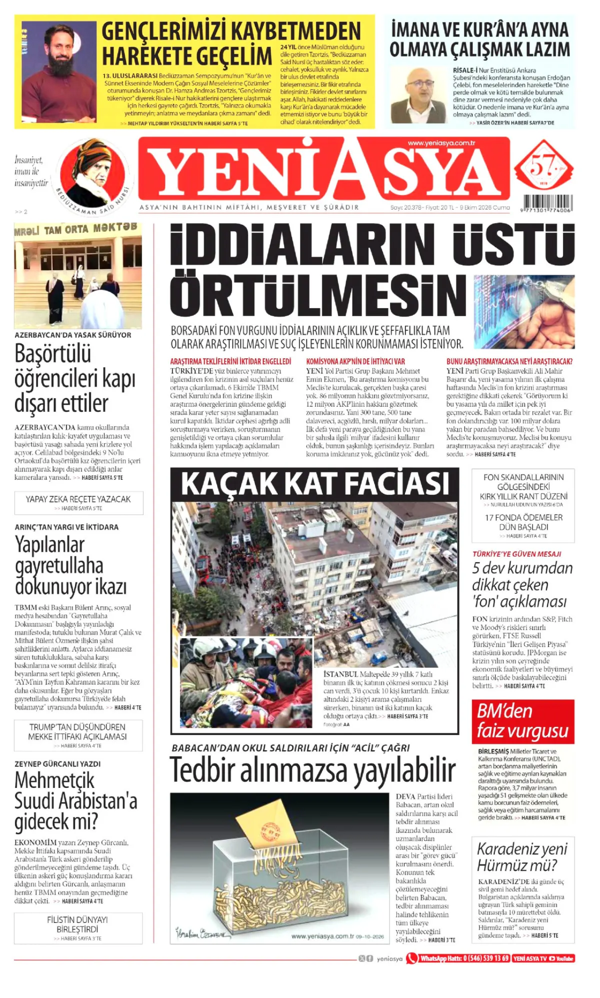 Yeni Asya birinci sayfa manşeti (10 Ekim 2026)