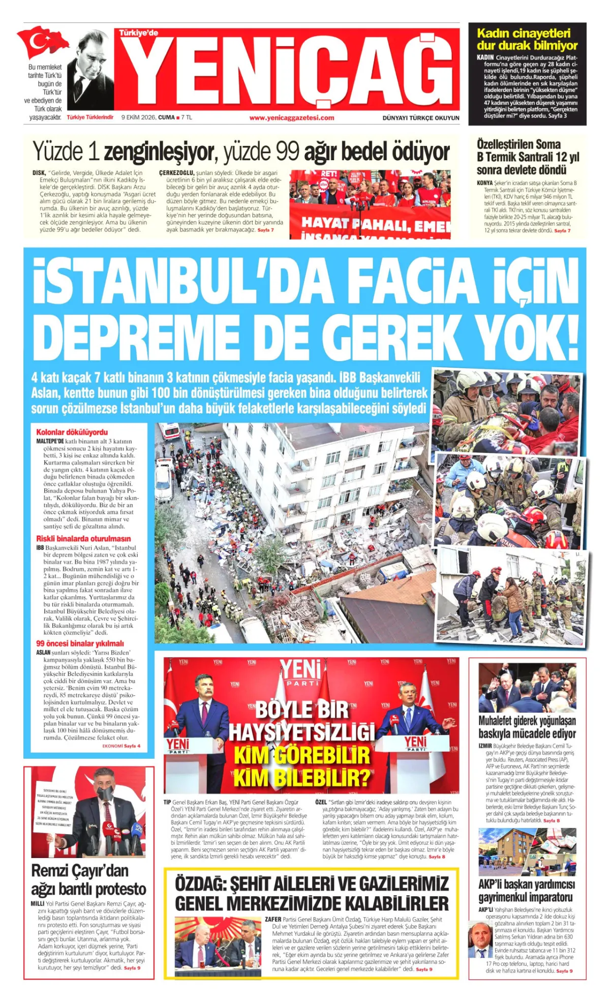 Yeniçağ birinci sayfa manşeti (10 Ekim 2026)