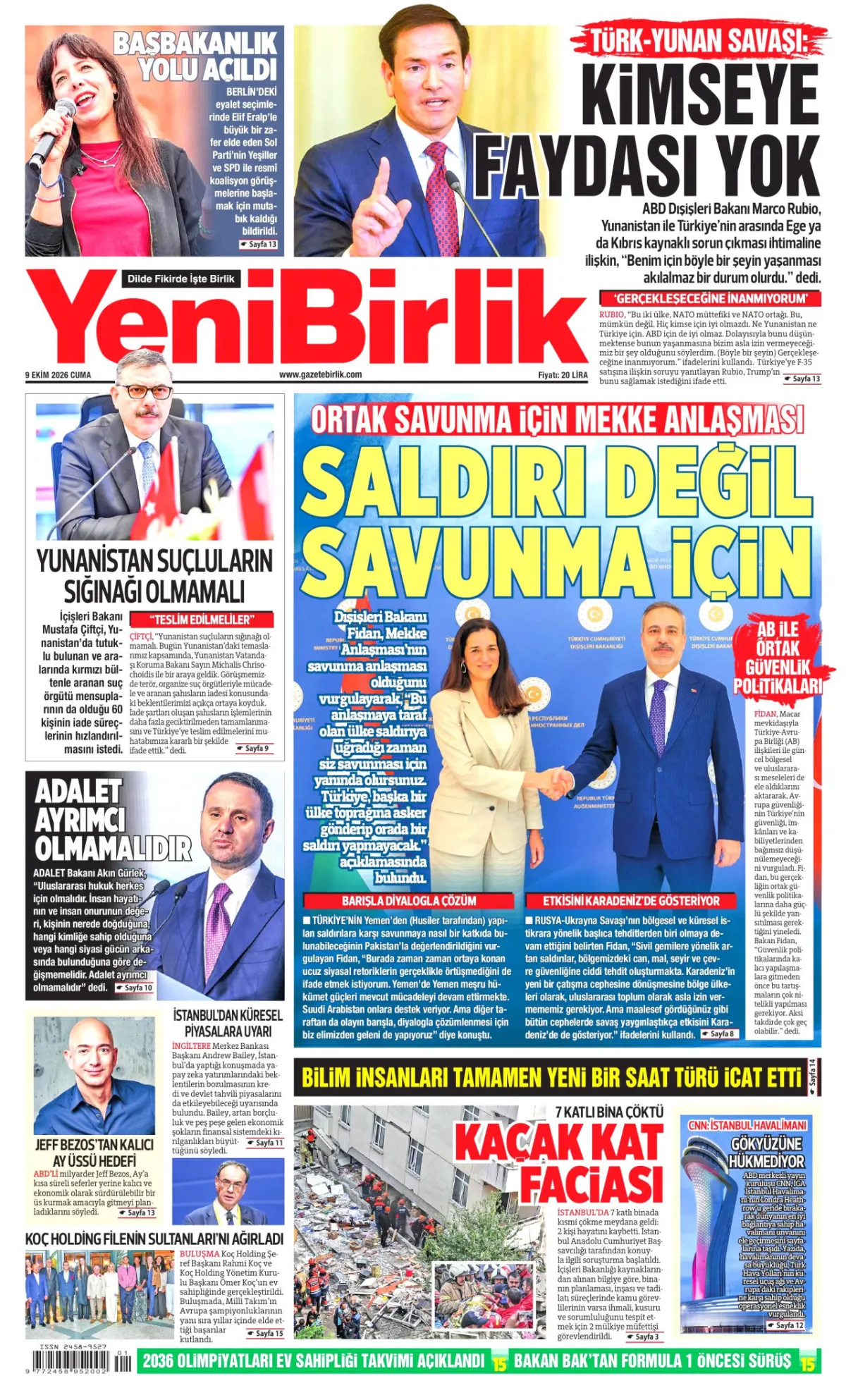 YeniBirlik birinci sayfa manşeti (10 Ekim 2026)