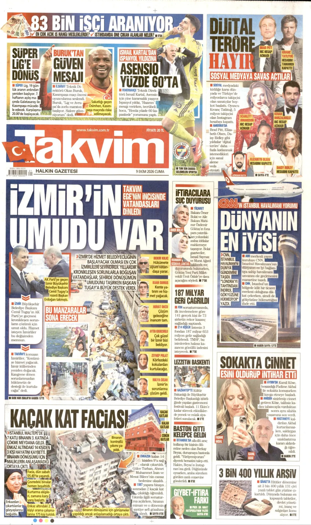 Takvim birinci sayfa manşeti (10 Ekim 2026)