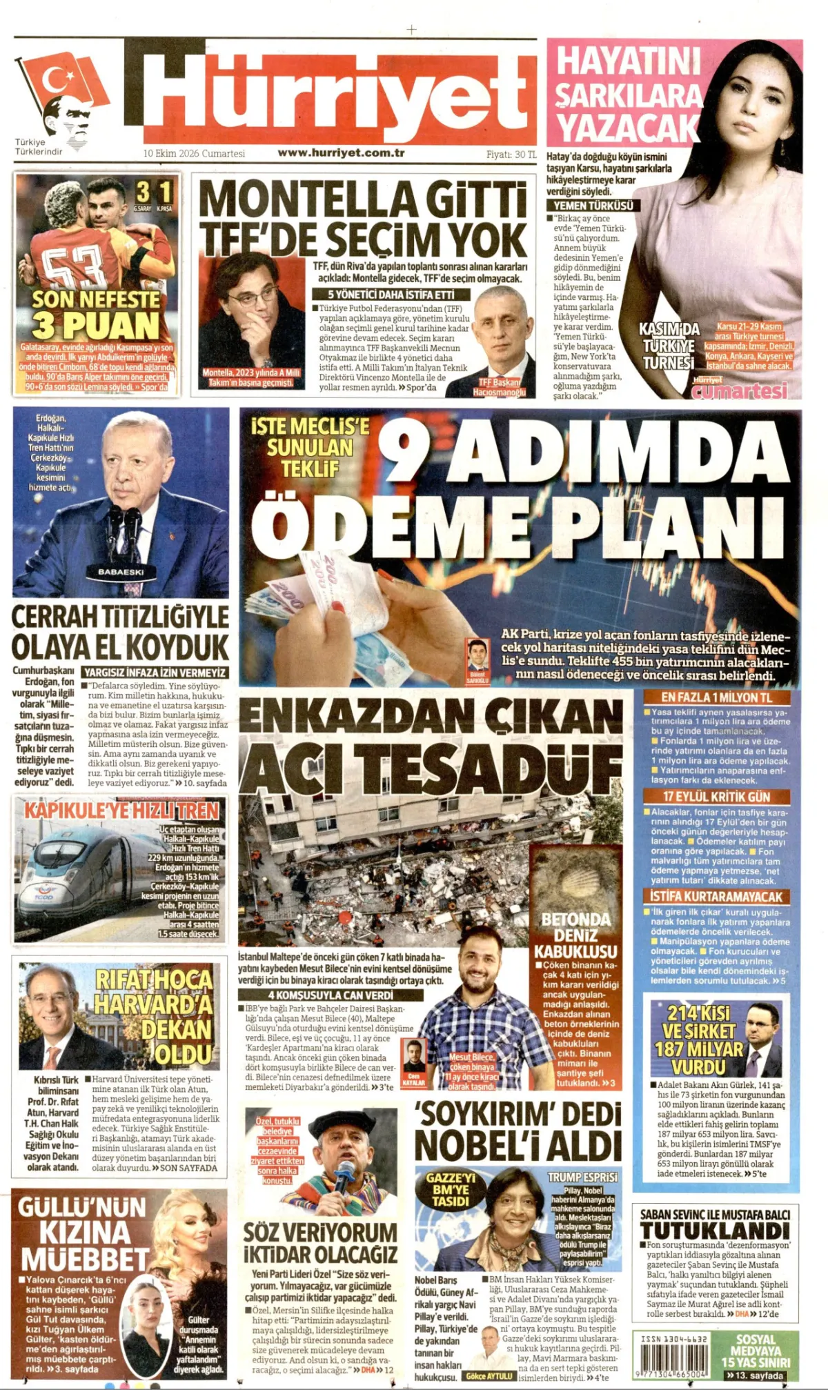 Hürriyet birinci sayfa manşeti (11 Ekim 2026)