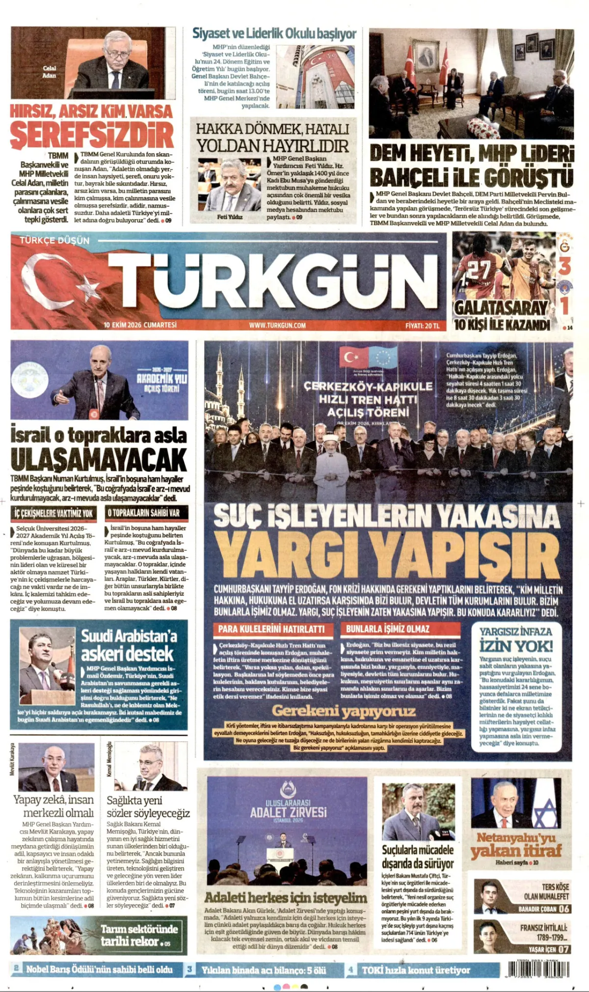 Türkgün birinci sayfa manşeti (11 Ekim 2026)