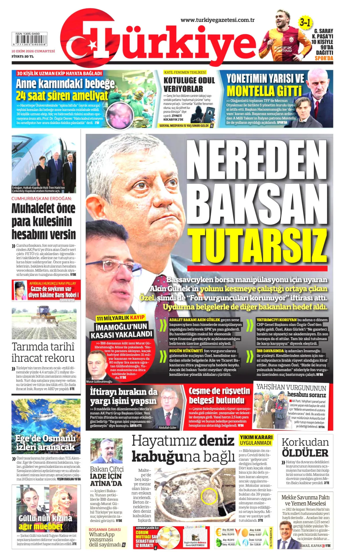 Türkiye birinci sayfa manşeti (11 Ekim 2026)