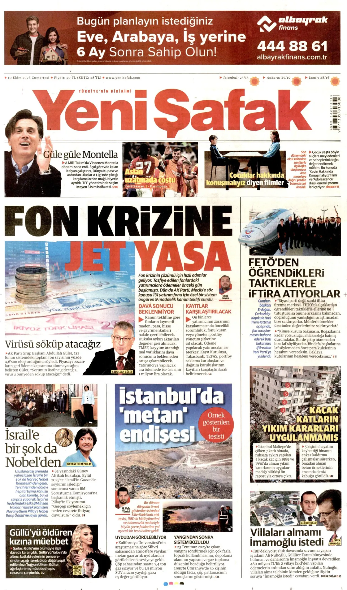 Yeni Şafak birinci sayfa manşeti (11 Ekim 2026)