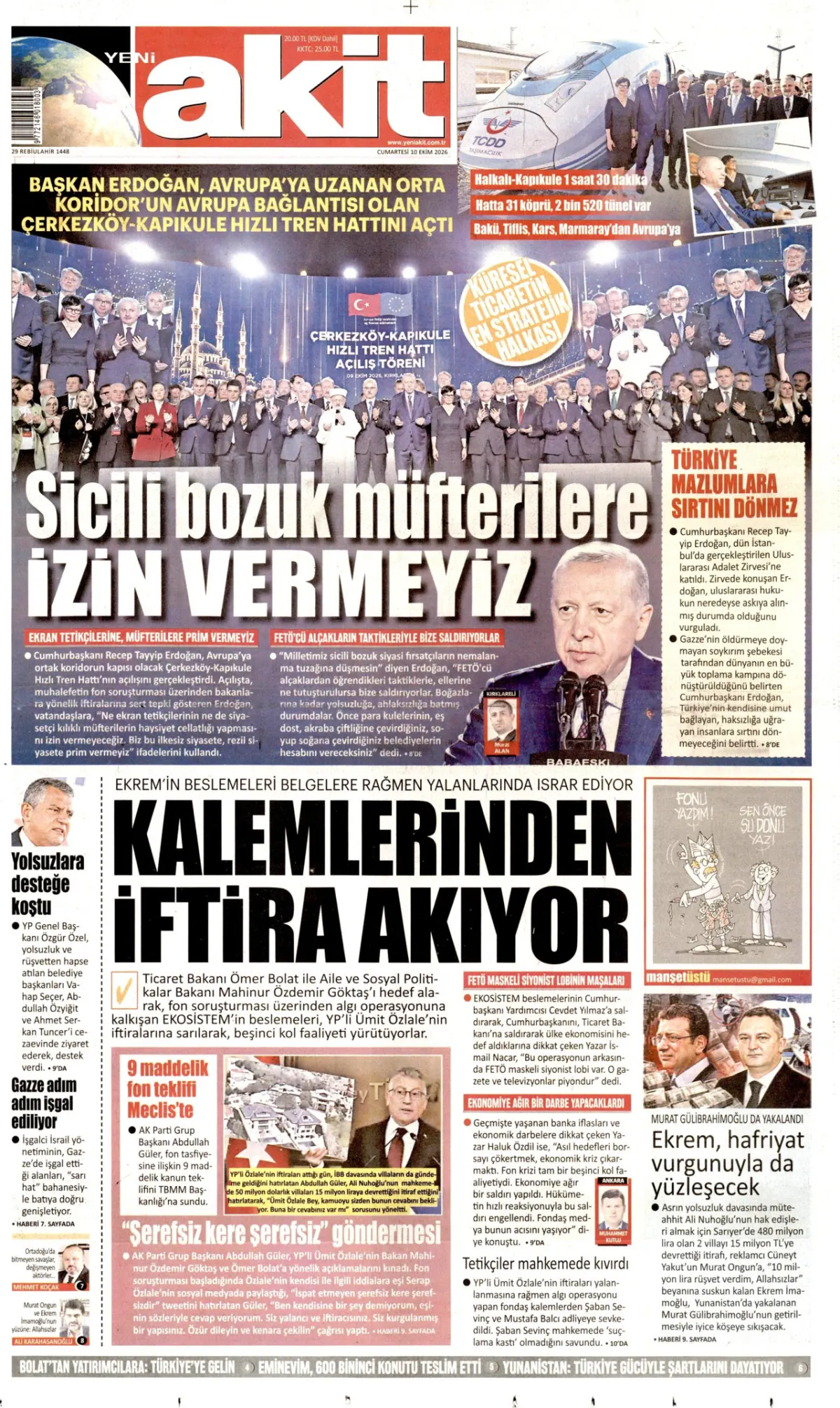 Yeni Akit birinci sayfa manşeti (11 Ekim 2026)