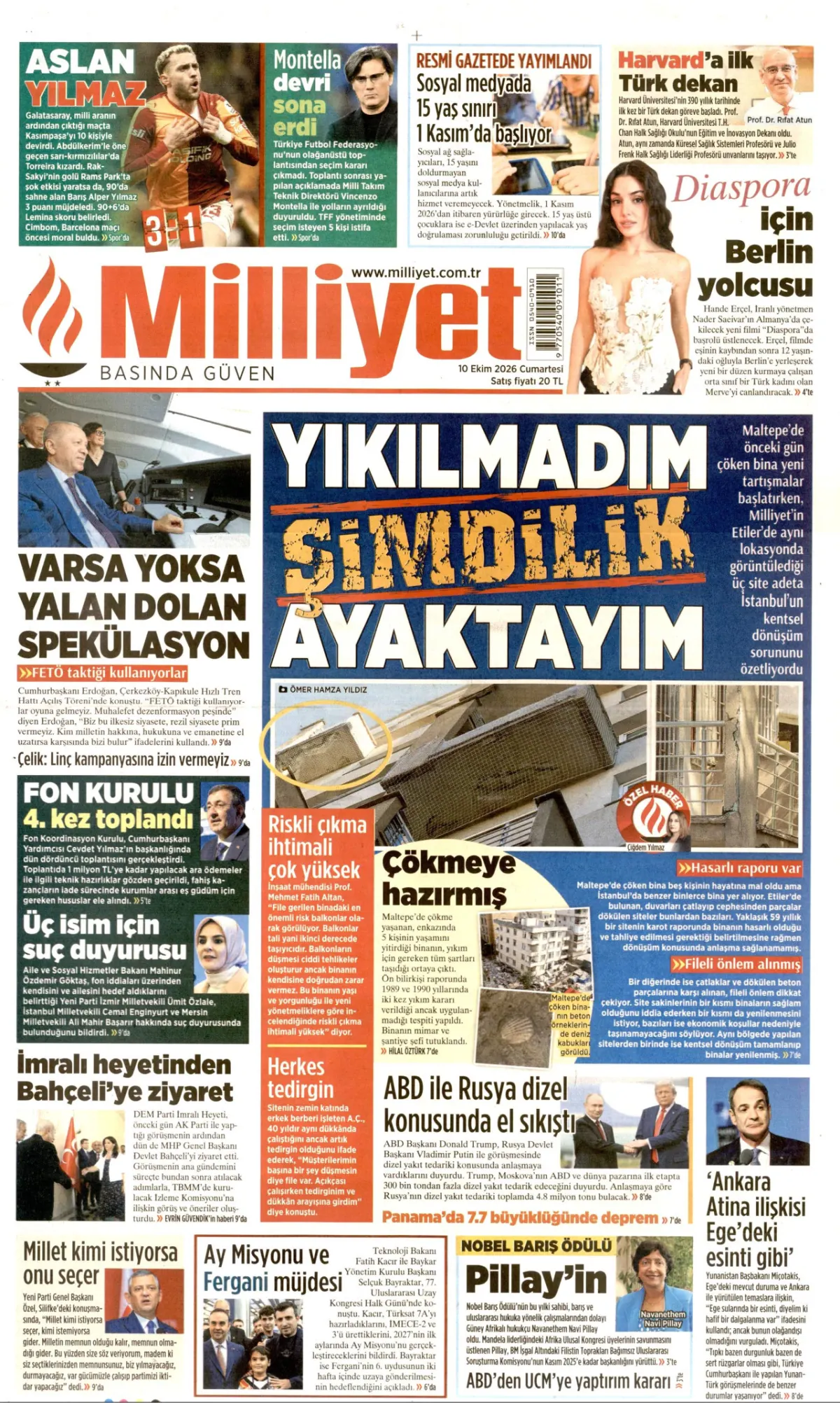 Milliyet birinci sayfa manşeti (11 Ekim 2026)