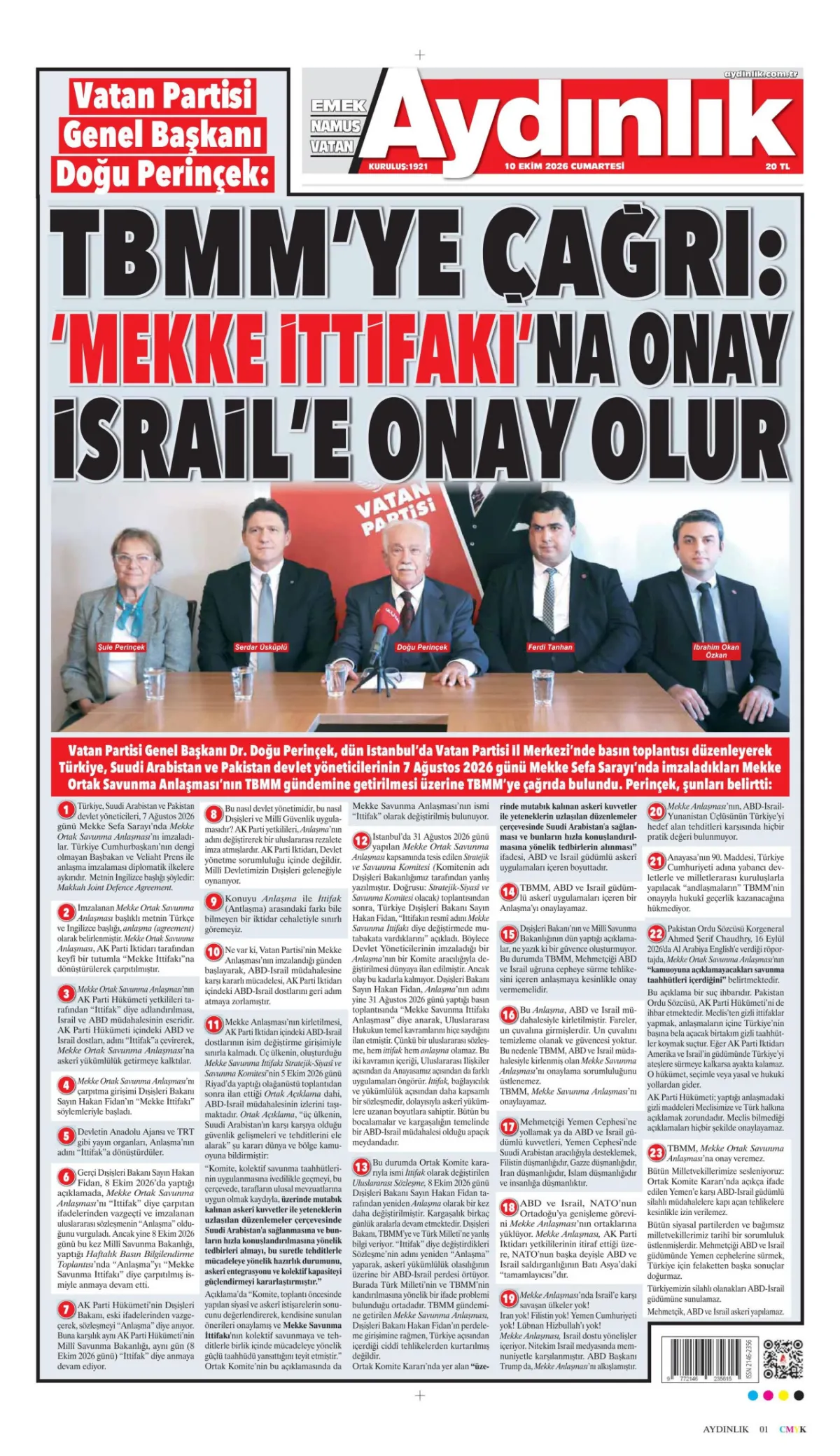 Aydınlık birinci sayfa manşeti (11 Ekim 2026)