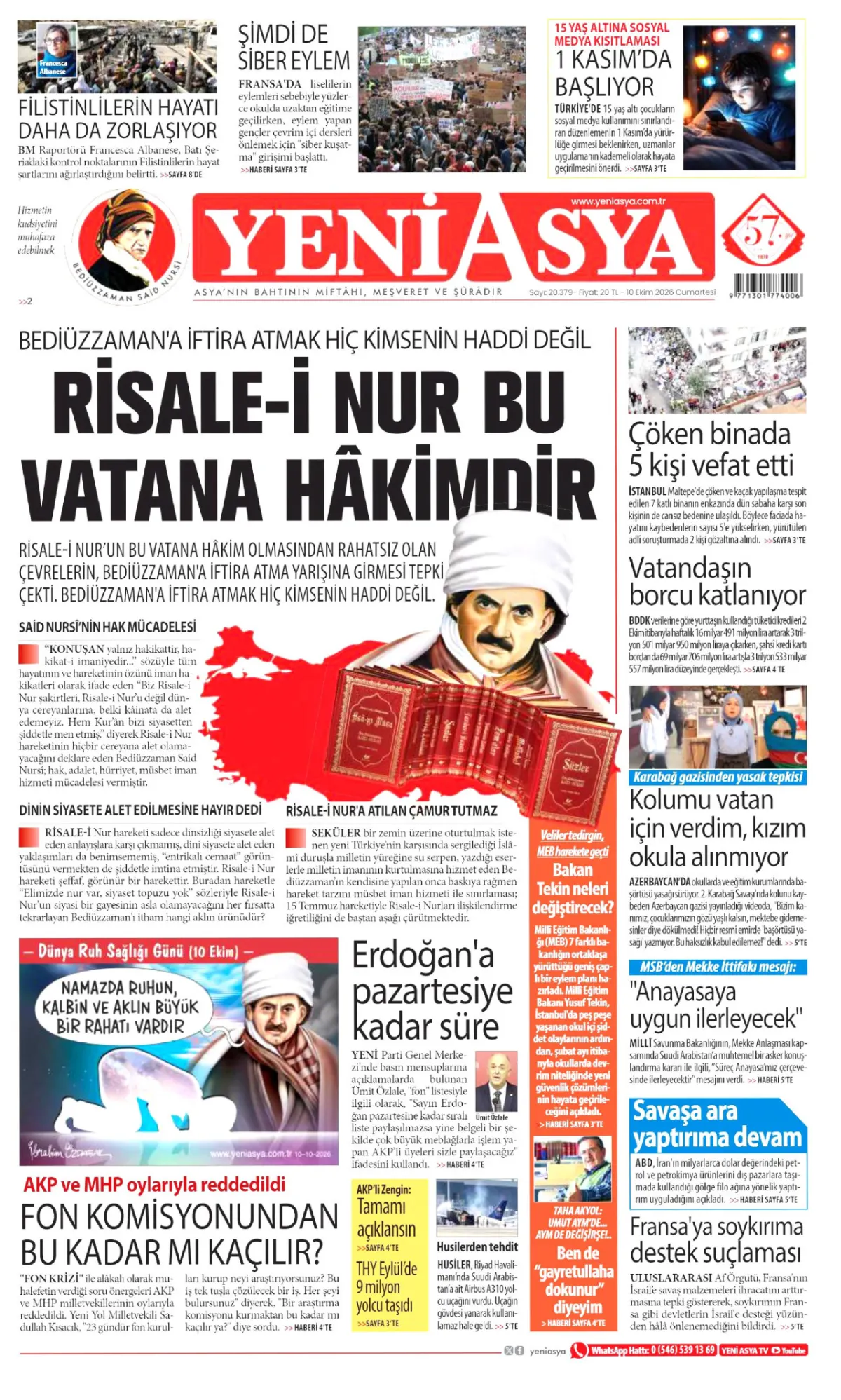 Yeni Asya birinci sayfa manşeti (11 Ekim 2026)