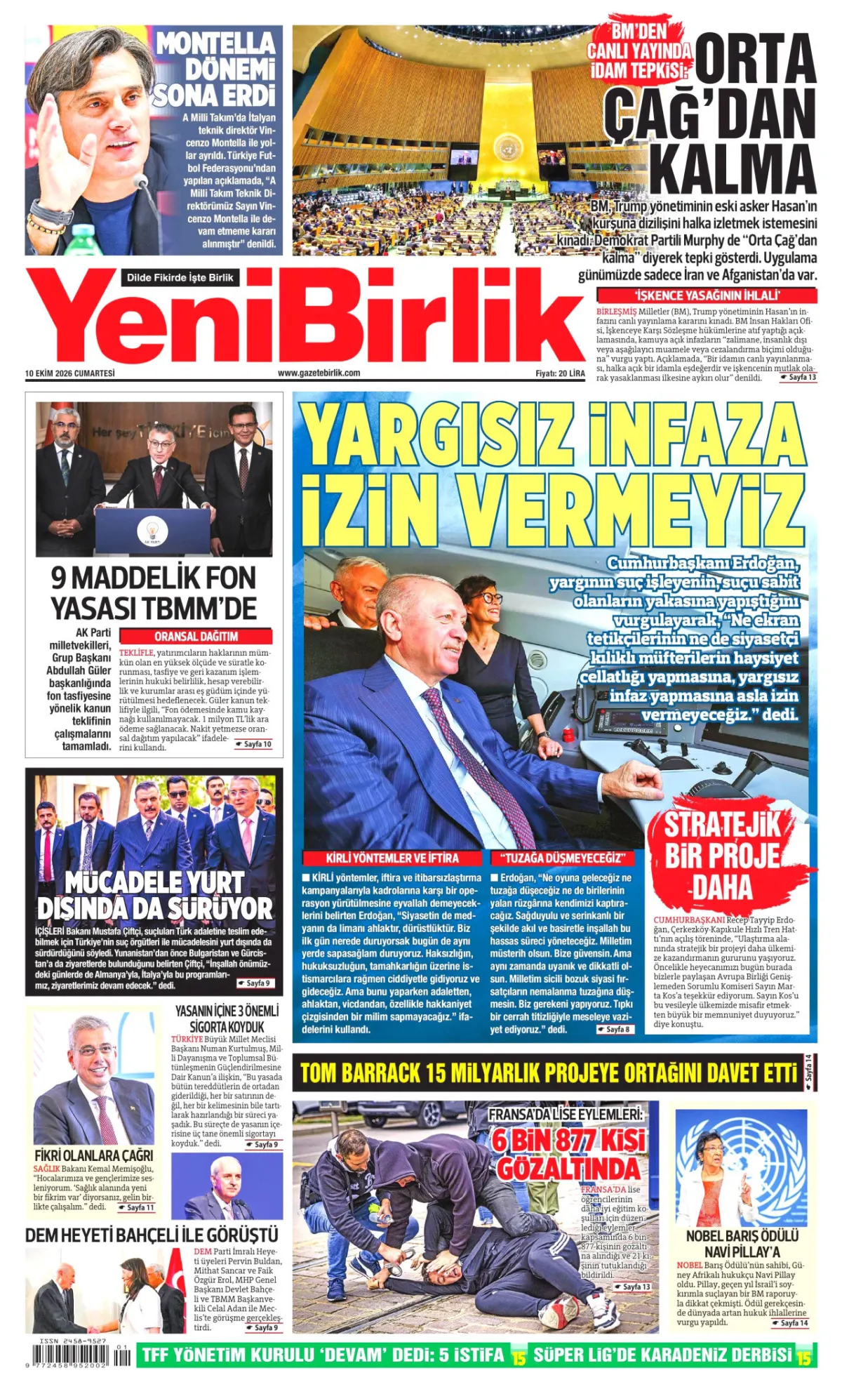 YeniBirlik birinci sayfa manşeti (11 Ekim 2026)