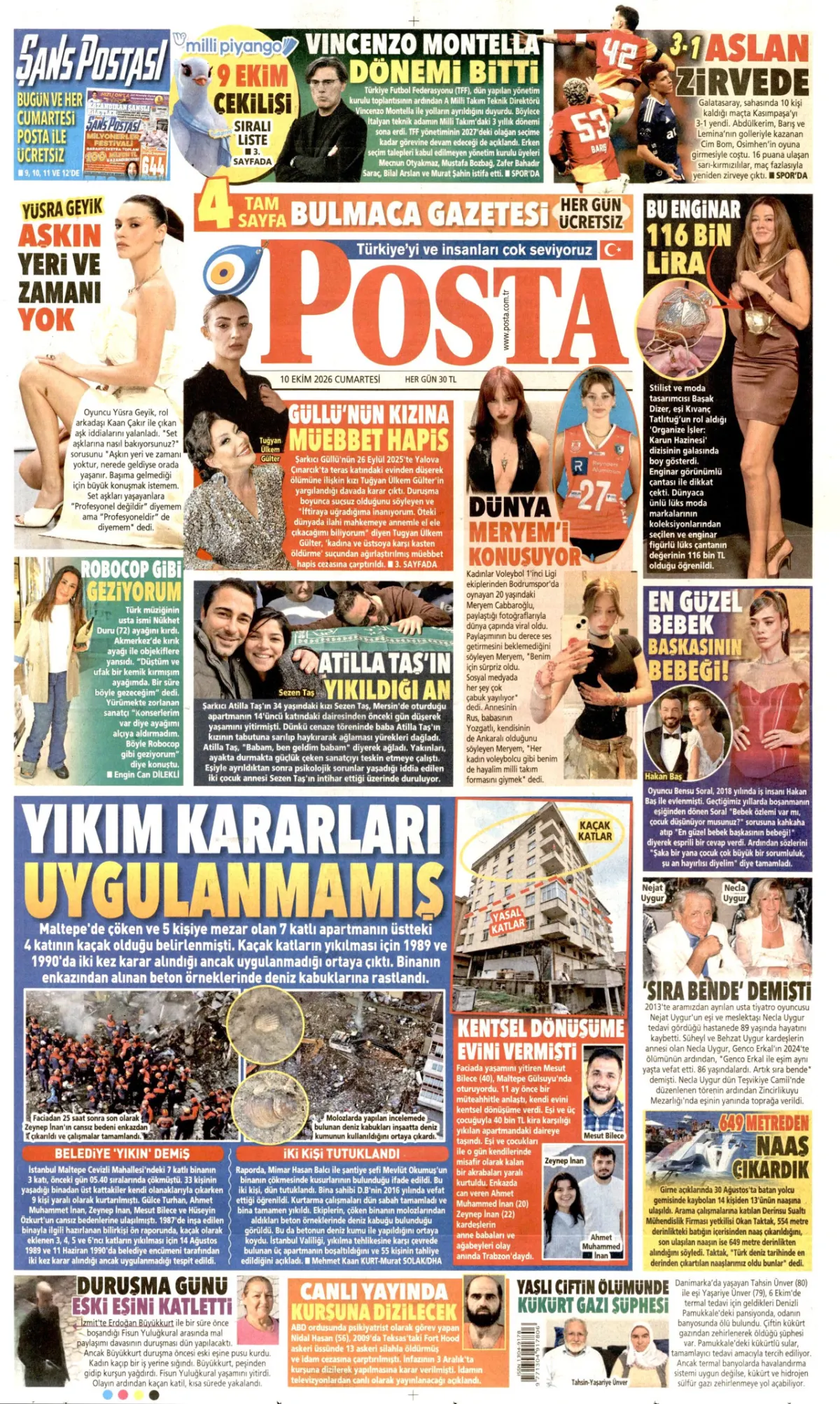 Posta birinci sayfa manşeti (11 Ekim 2026)