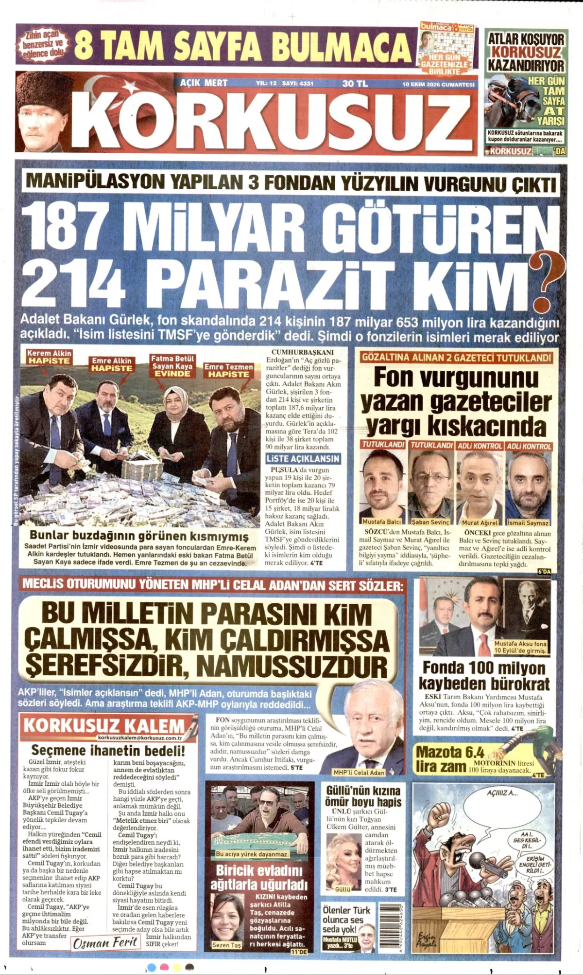 Korkusuz birinci sayfa manşeti (11 Ekim 2026)