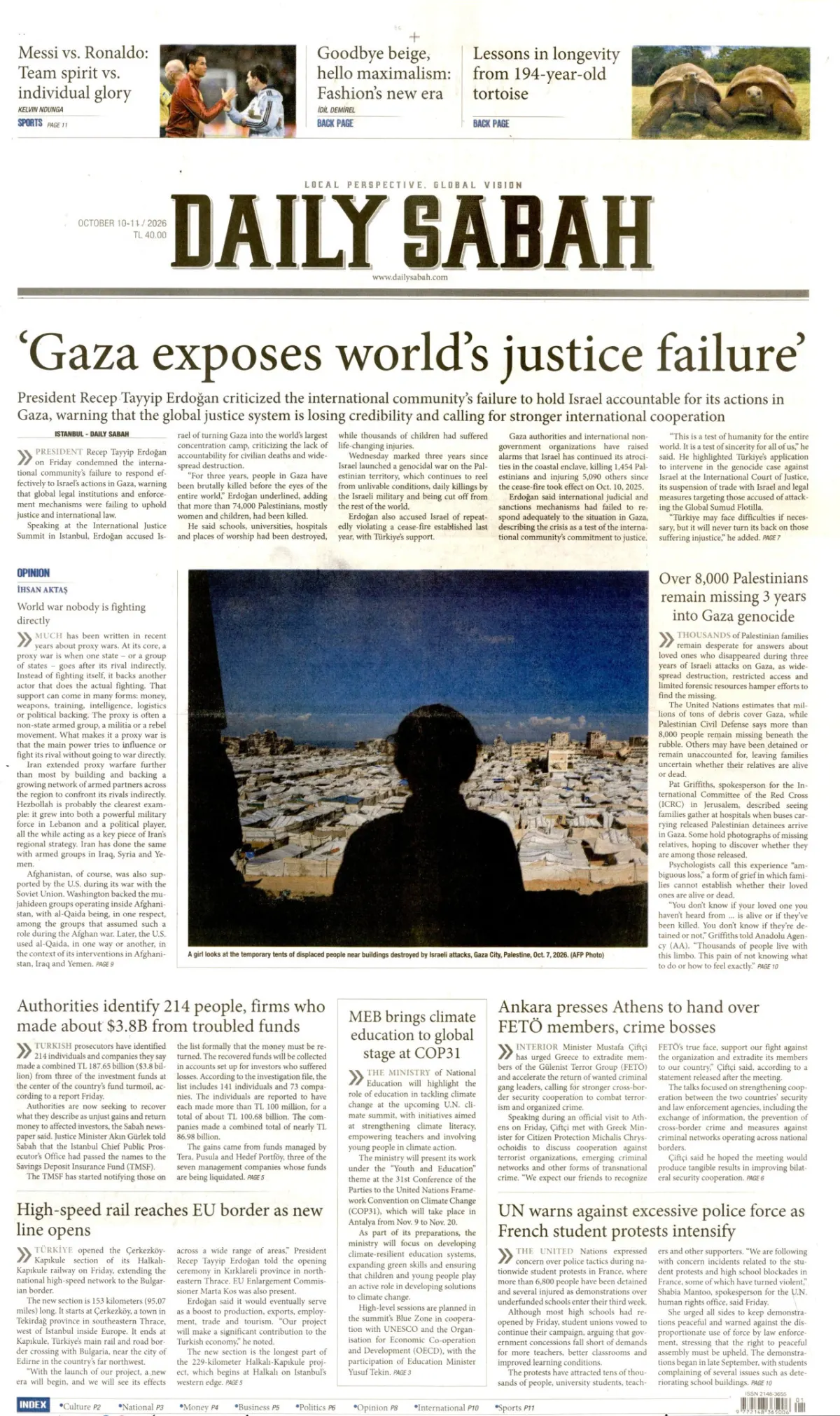 Daily Sabah birinci sayfa manşeti (11 Ekim 2026)