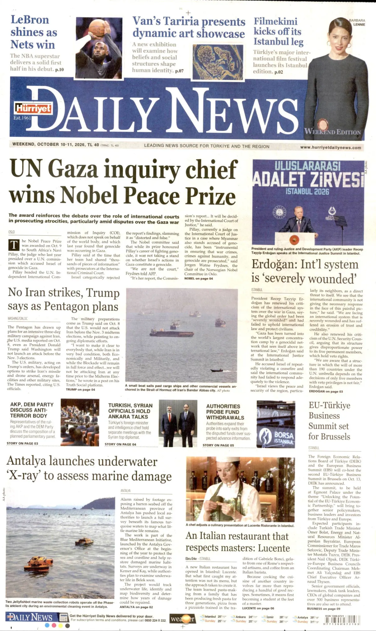 Hürriyet Daily News birinci sayfa manşeti (11 Ekim 2026)
