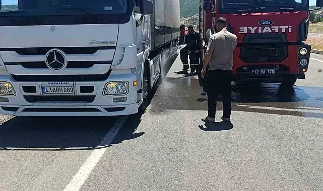 Seyir halindeki tırın lastikleri alev aldı