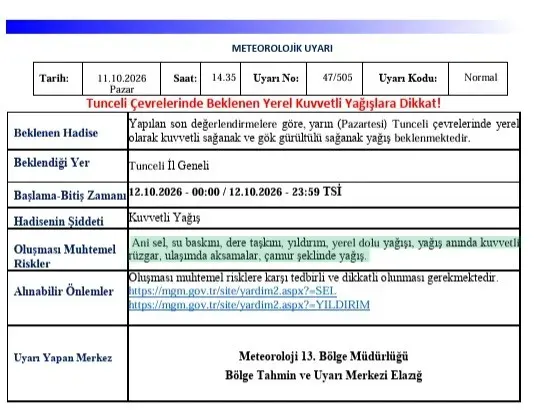Meteoroloji Tunceli İçin Kuvvetli Yağış Uyarısında Bulundu