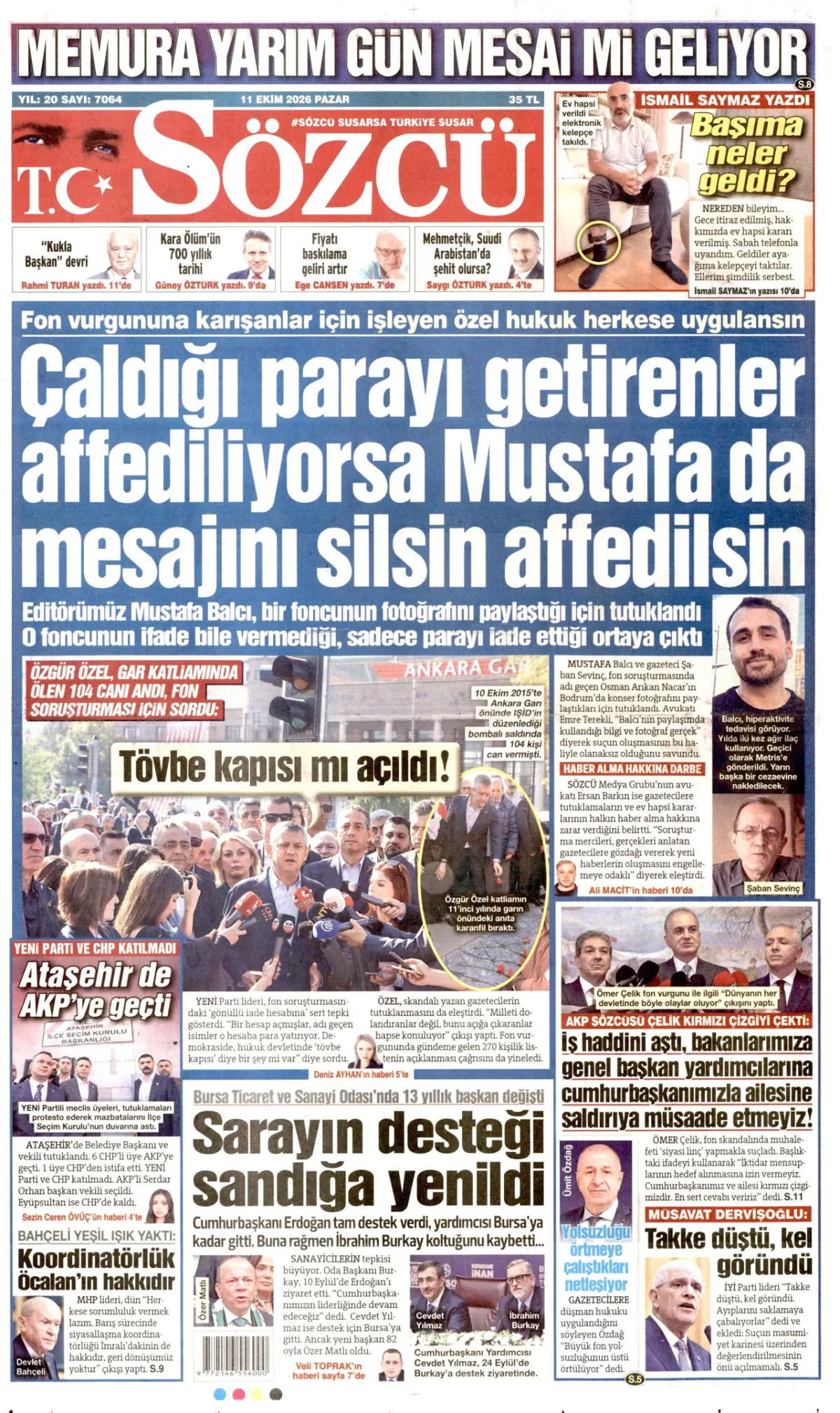 Sözcü birinci sayfa manşeti (12 Ekim 2026)