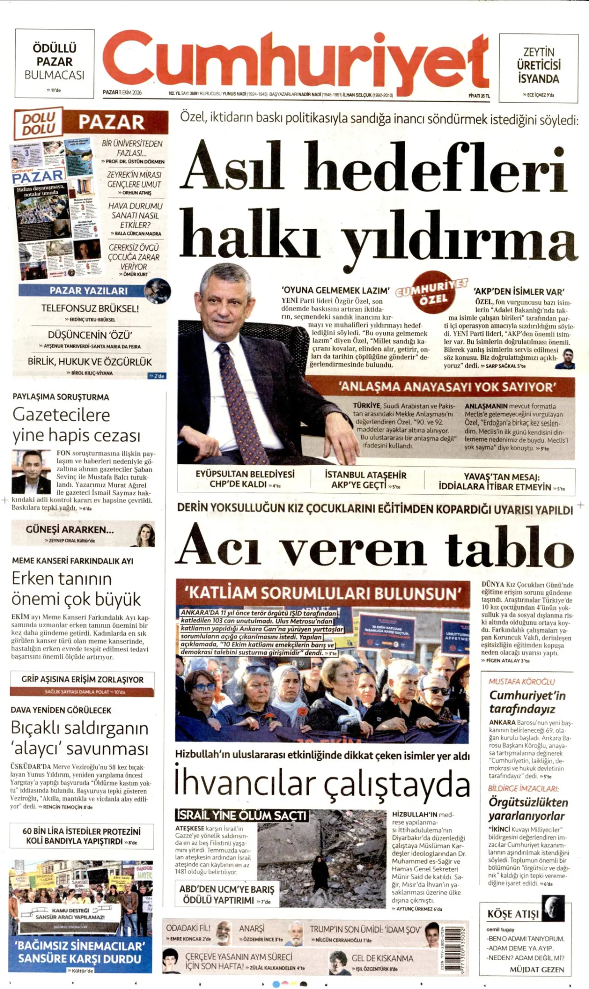 Cumhuriyet birinci sayfa manşeti (12 Ekim 2026)