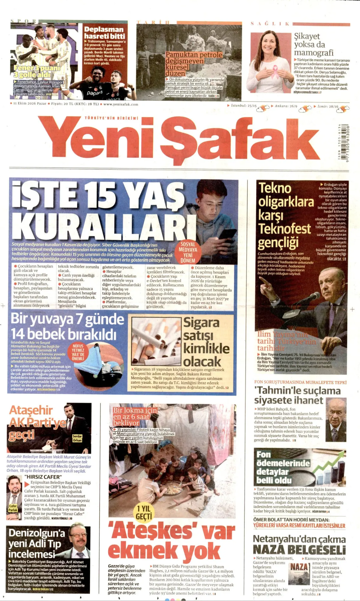 Yeni Şafak birinci sayfa manşeti (12 Ekim 2026)
