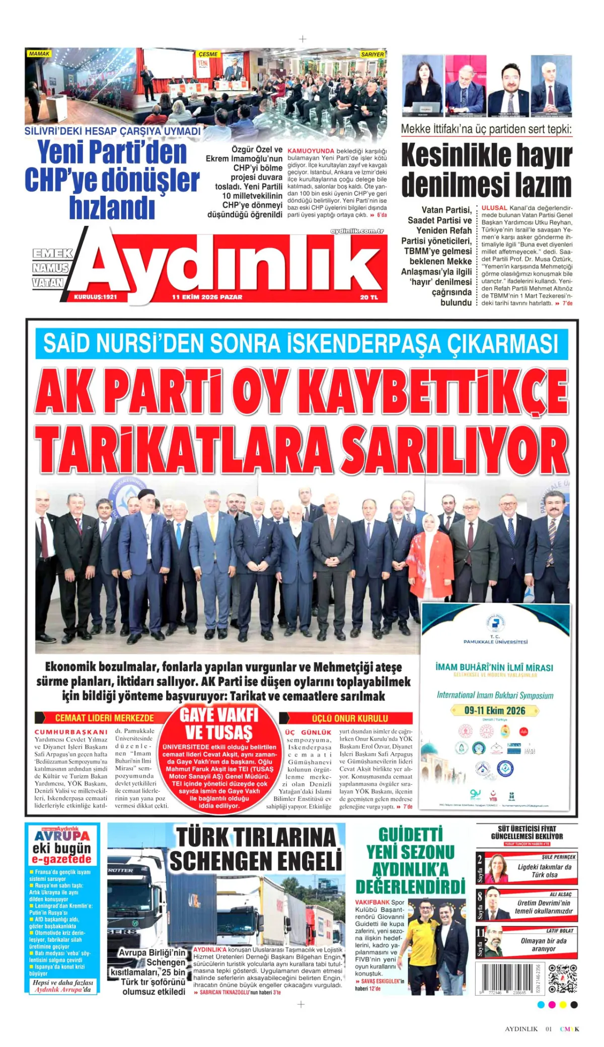 Aydınlık birinci sayfa manşeti (12 Ekim 2026)