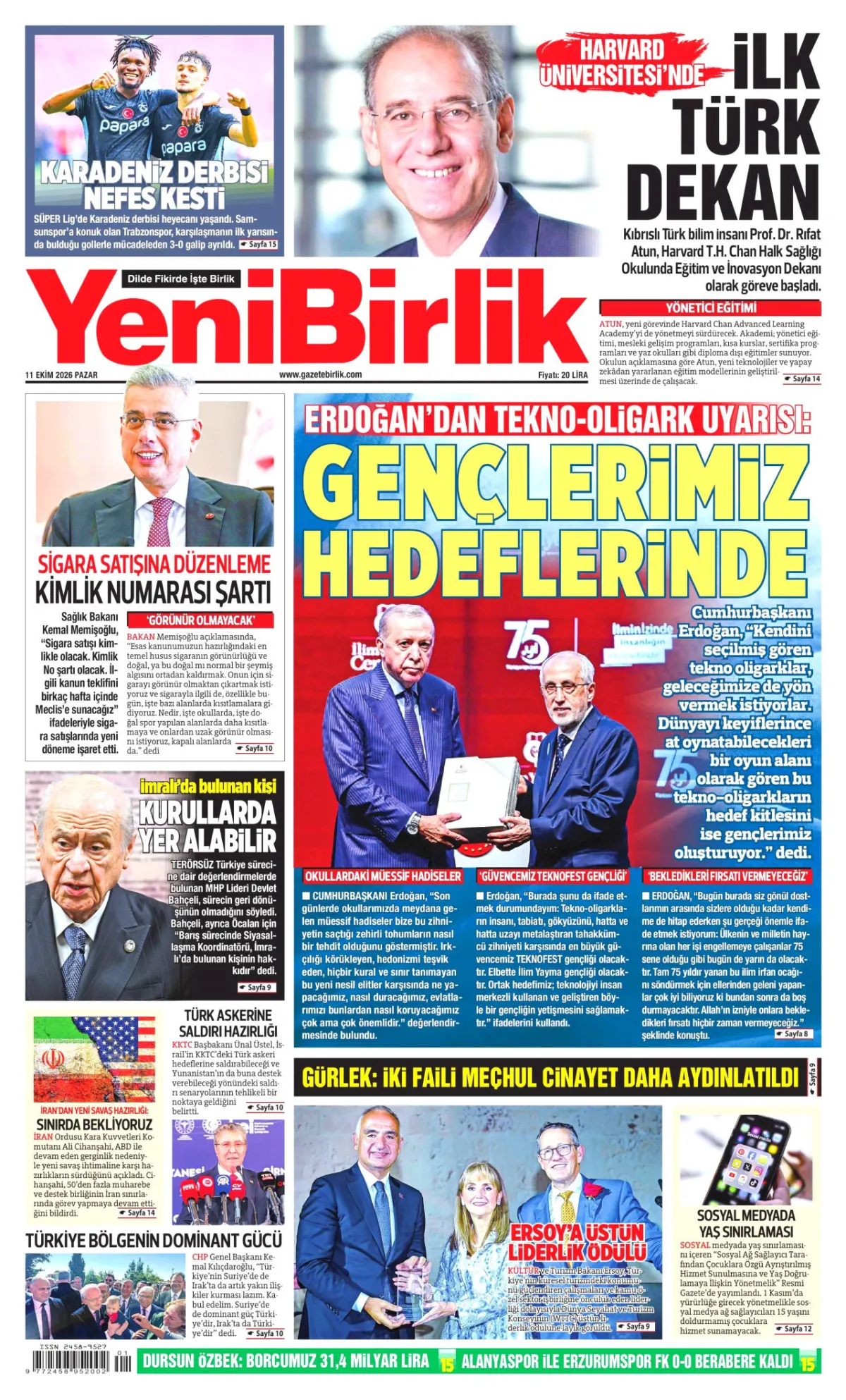 YeniBirlik birinci sayfa manşeti (12 Ekim 2026)