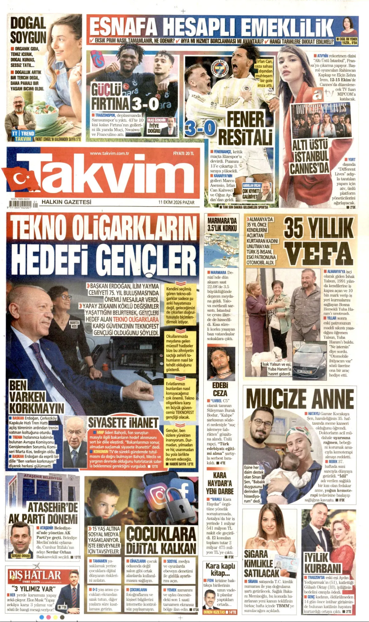 Takvim birinci sayfa manşeti (12 Ekim 2026)