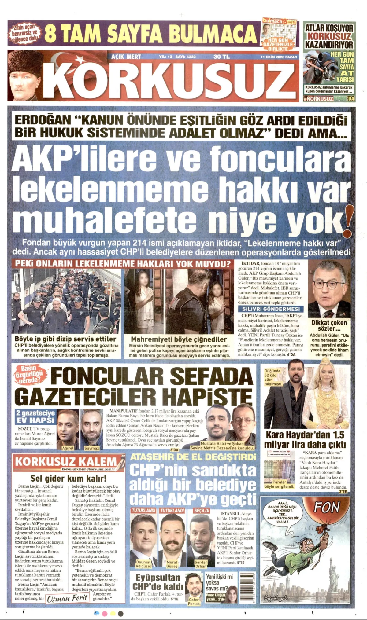 Korkusuz birinci sayfa manşeti (12 Ekim 2026)