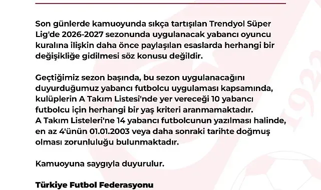 TFF, yeni sezonda yabancı kuralında değişiklik yapılmayacağını açıkladı