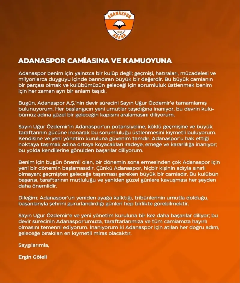 Adanaspor'da Başkanlık Değişimi: Kulüp Uğur Özdemir'e Devredildi