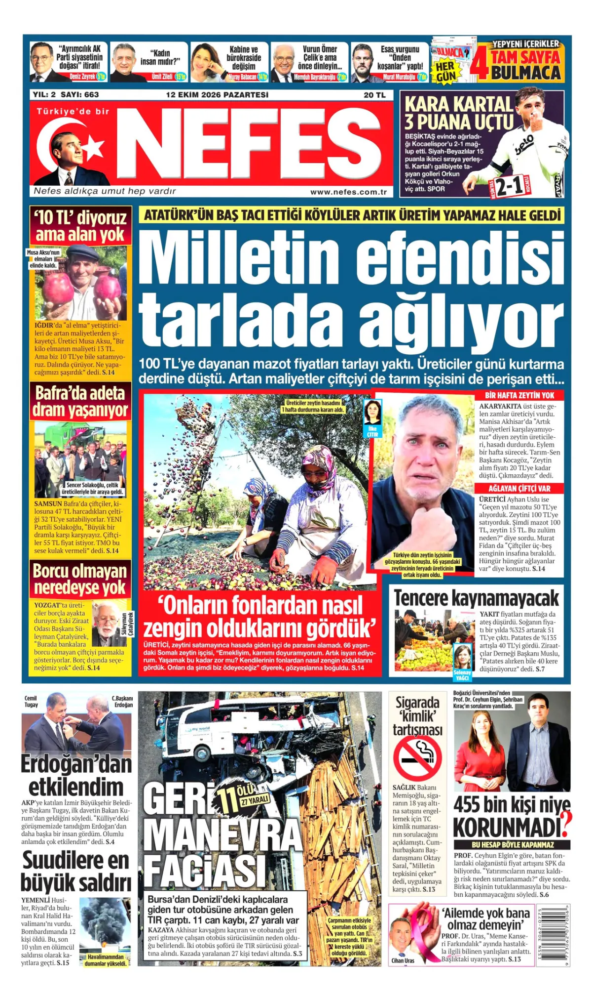 Nefes birinci sayfa manşeti (13 Ekim 2026)