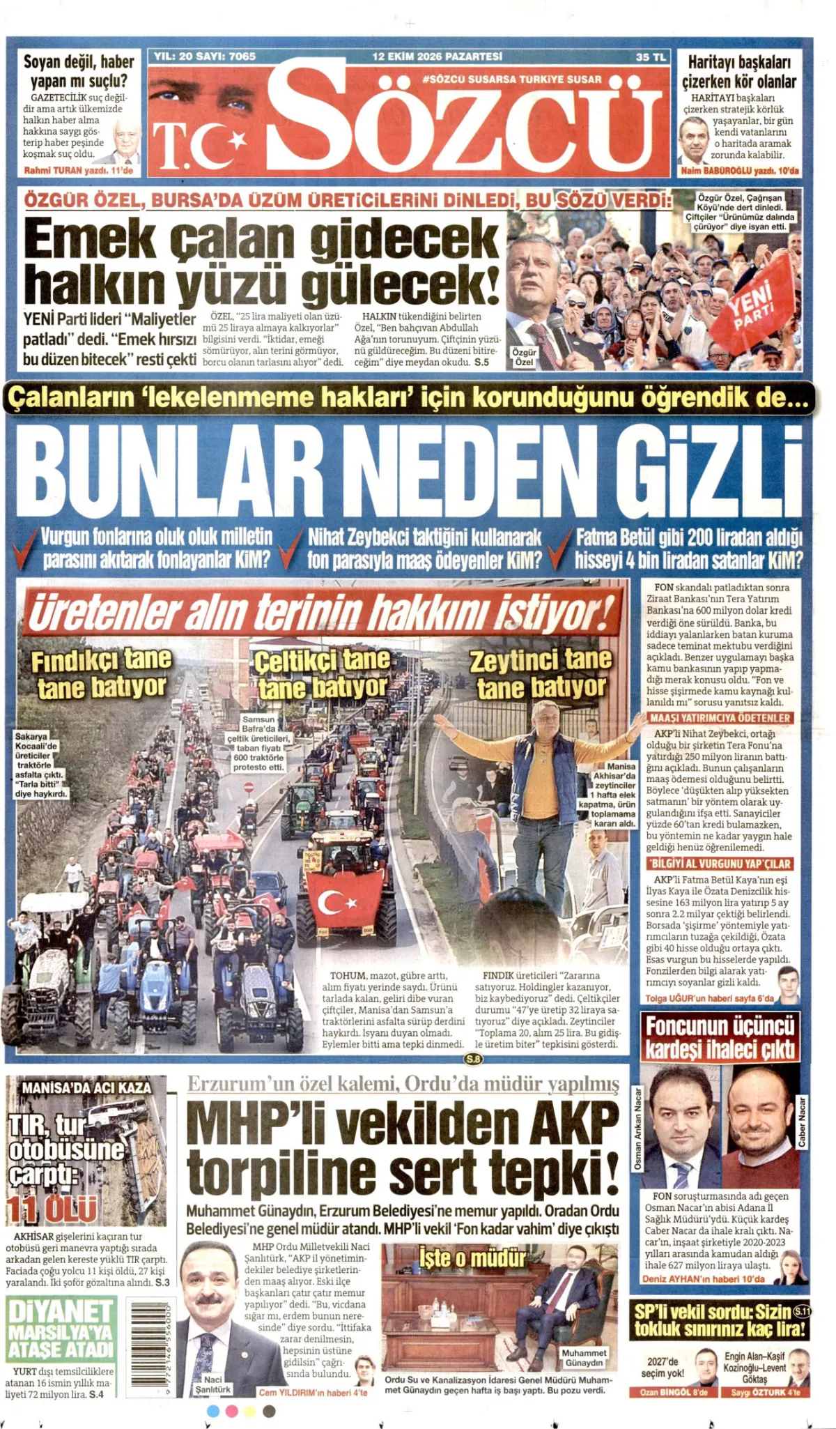 Sözcü birinci sayfa manşeti (13 Ekim 2026)