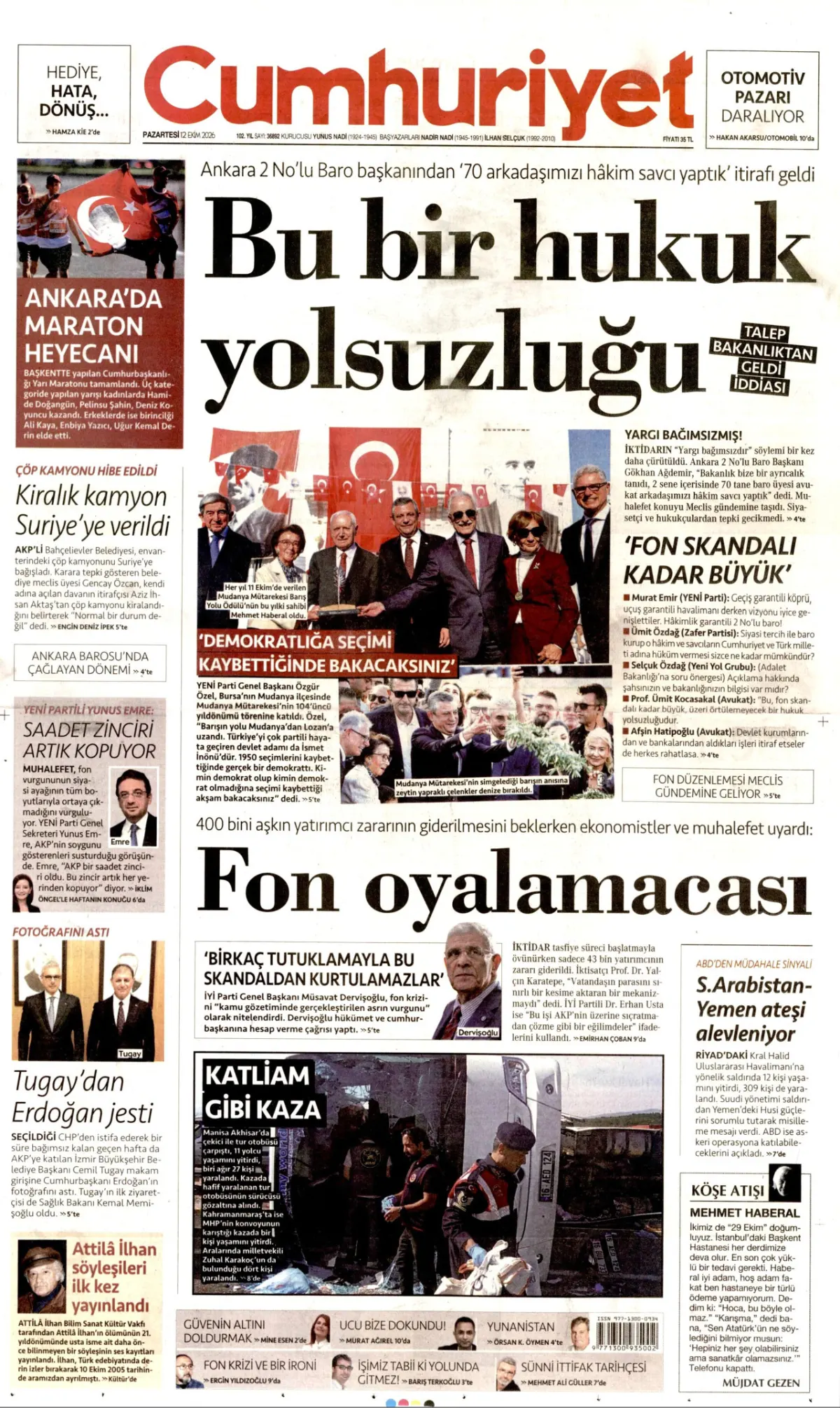 Cumhuriyet birinci sayfa manşeti (13 Ekim 2026)