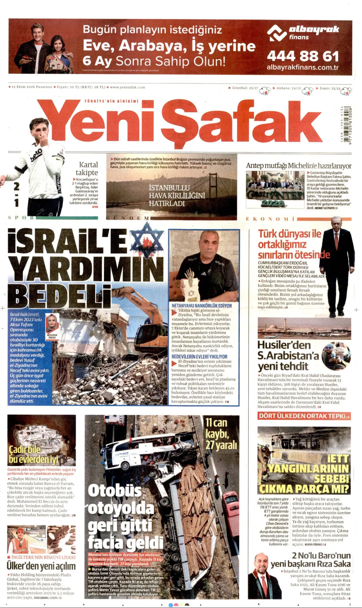 Yeni Şafak birinci sayfa manşeti (13 Ekim 2026)