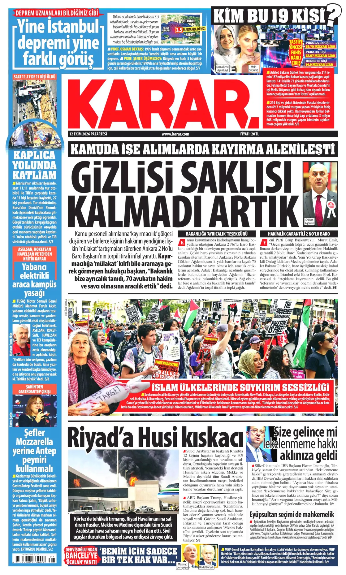 Karar birinci sayfa manşeti (13 Ekim 2026)