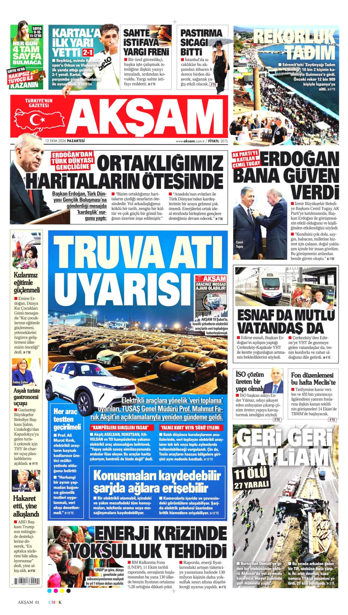 Akşam birinci sayfa manşeti (13 Ekim 2026)