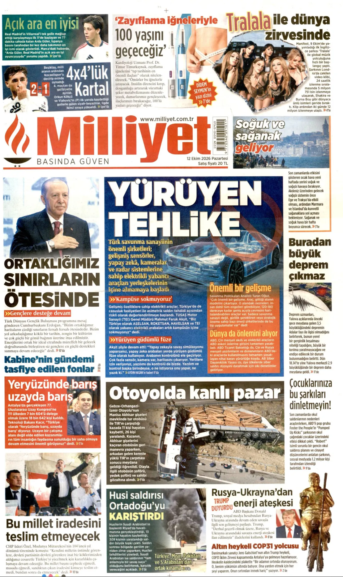 Milliyet birinci sayfa manşeti (13 Ekim 2026)