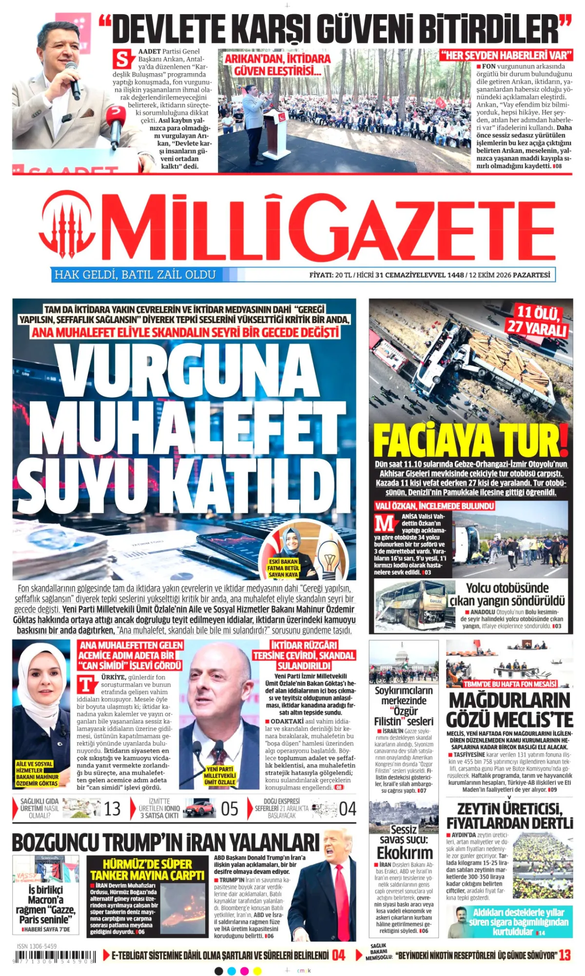 Milli birinci sayfa manşeti (13 Ekim 2026)