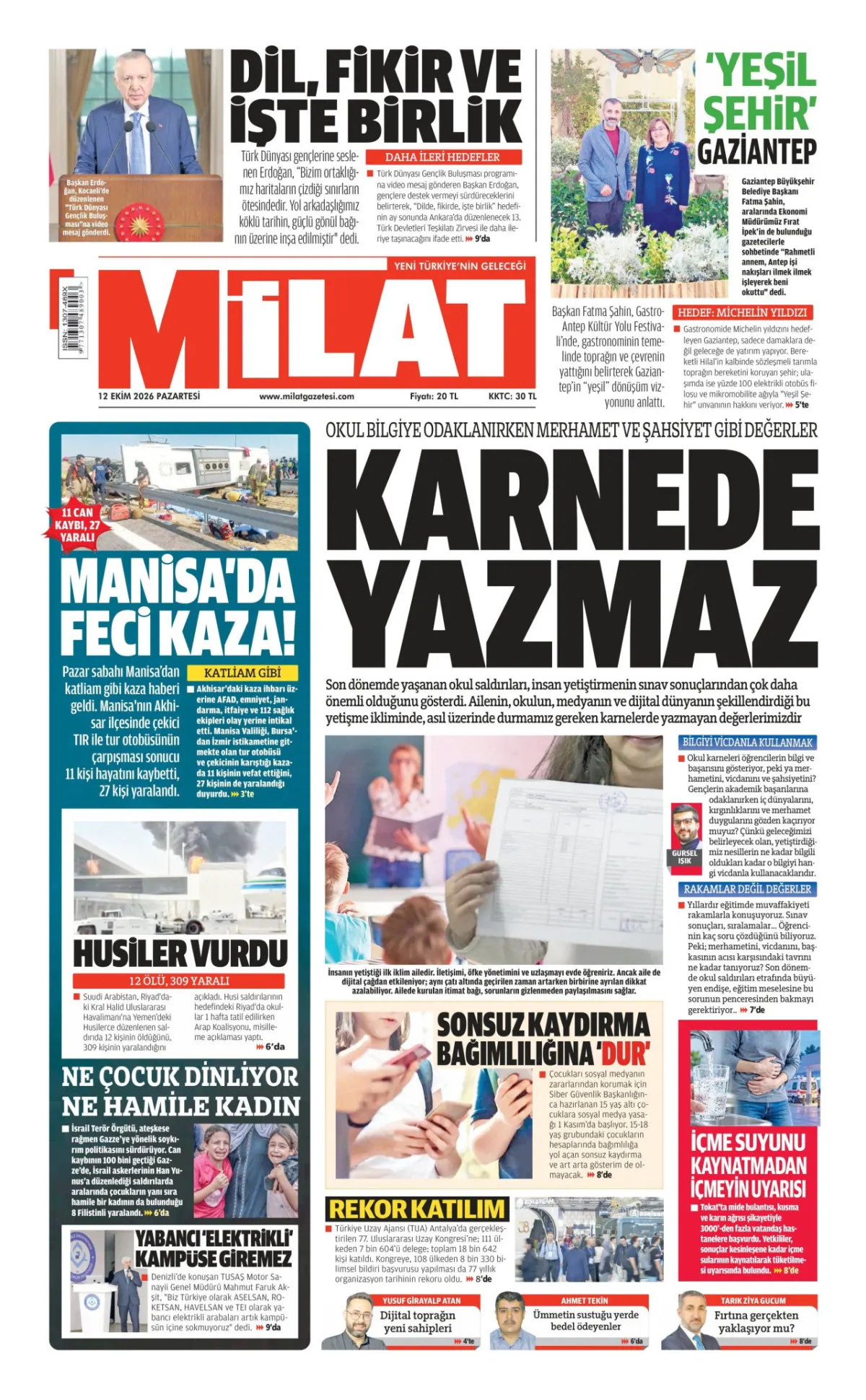 Milat birinci sayfa manşeti (13 Ekim 2026)