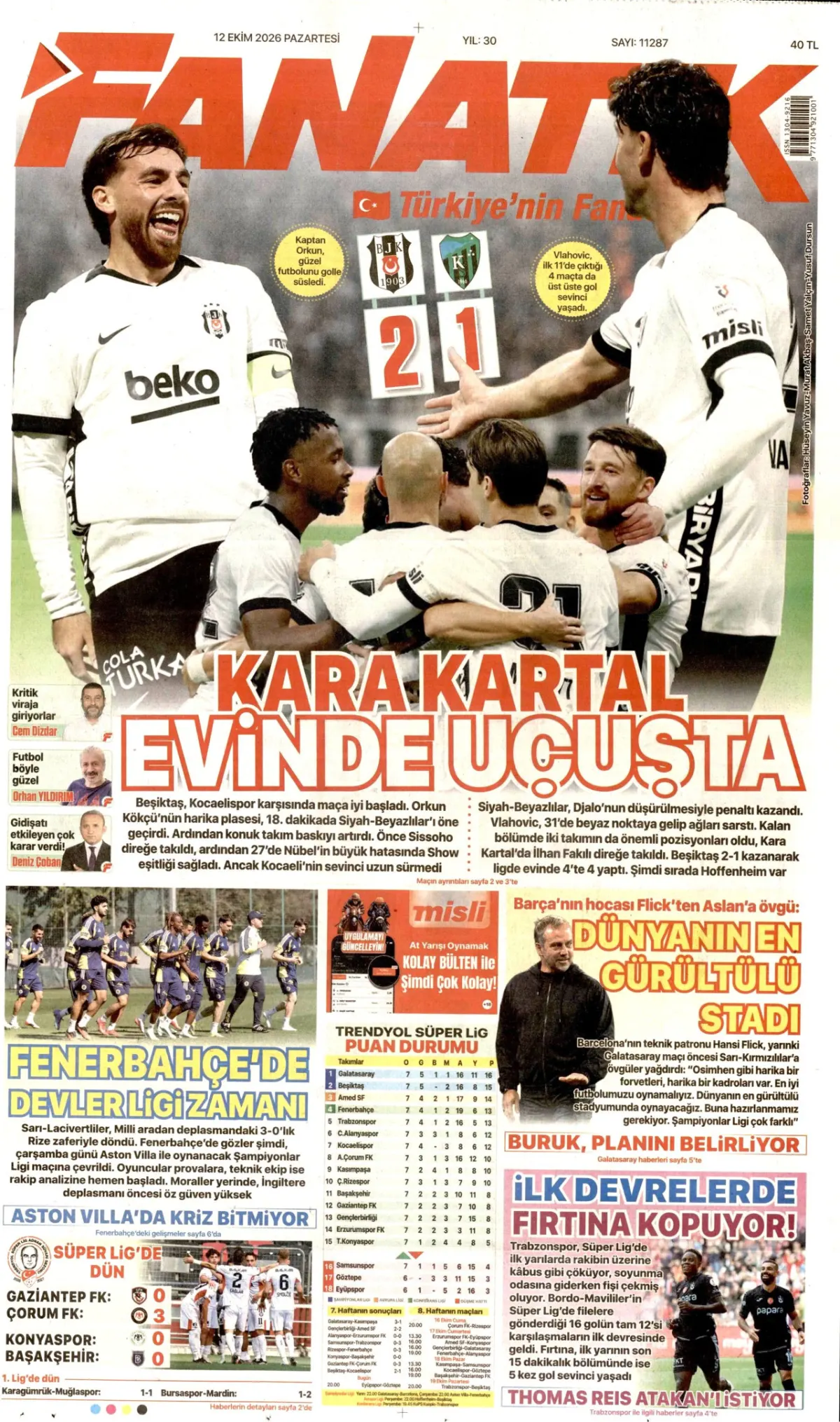 Fanatik birinci sayfa manşeti (13 Ekim 2026)